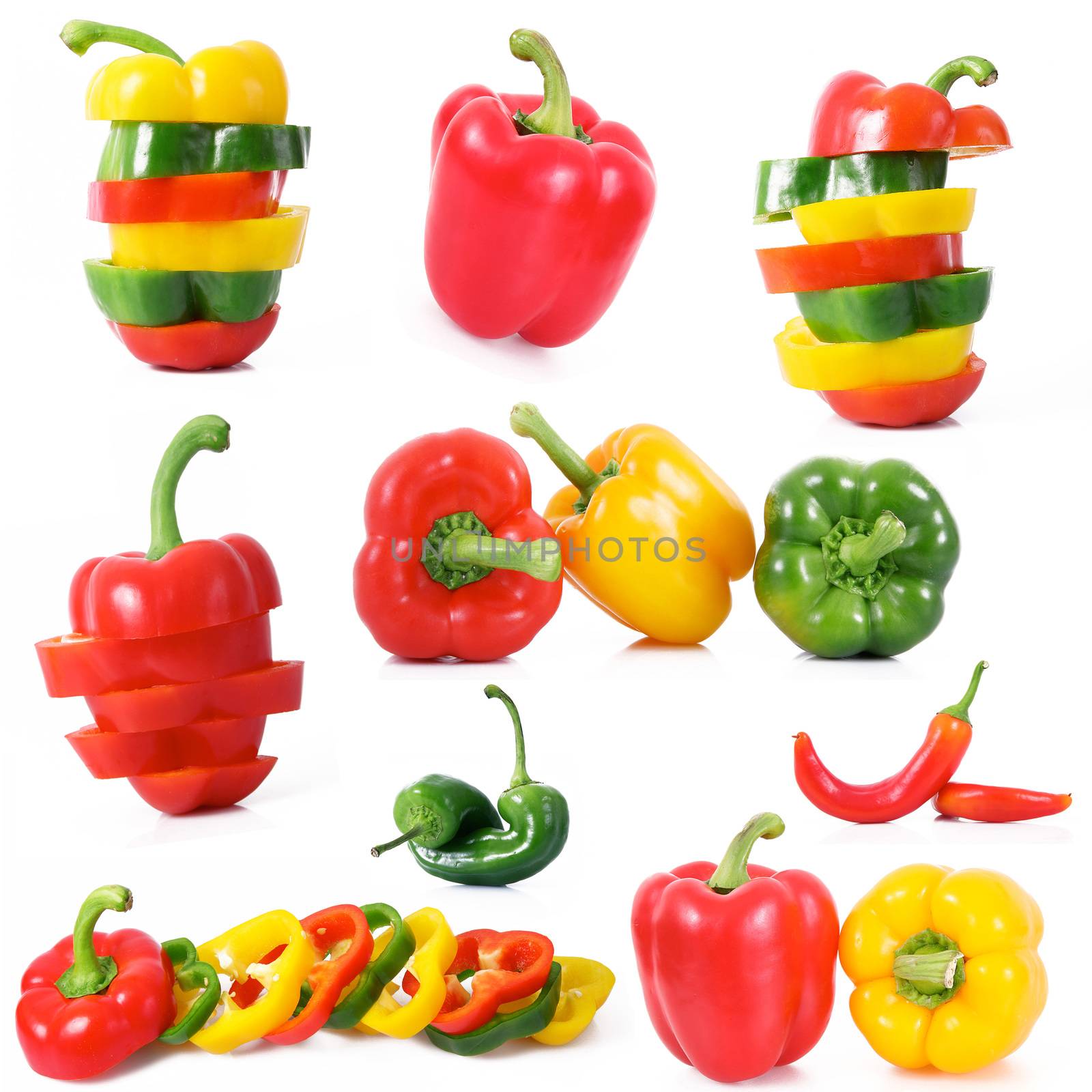 fresh hot peppers collage on white background