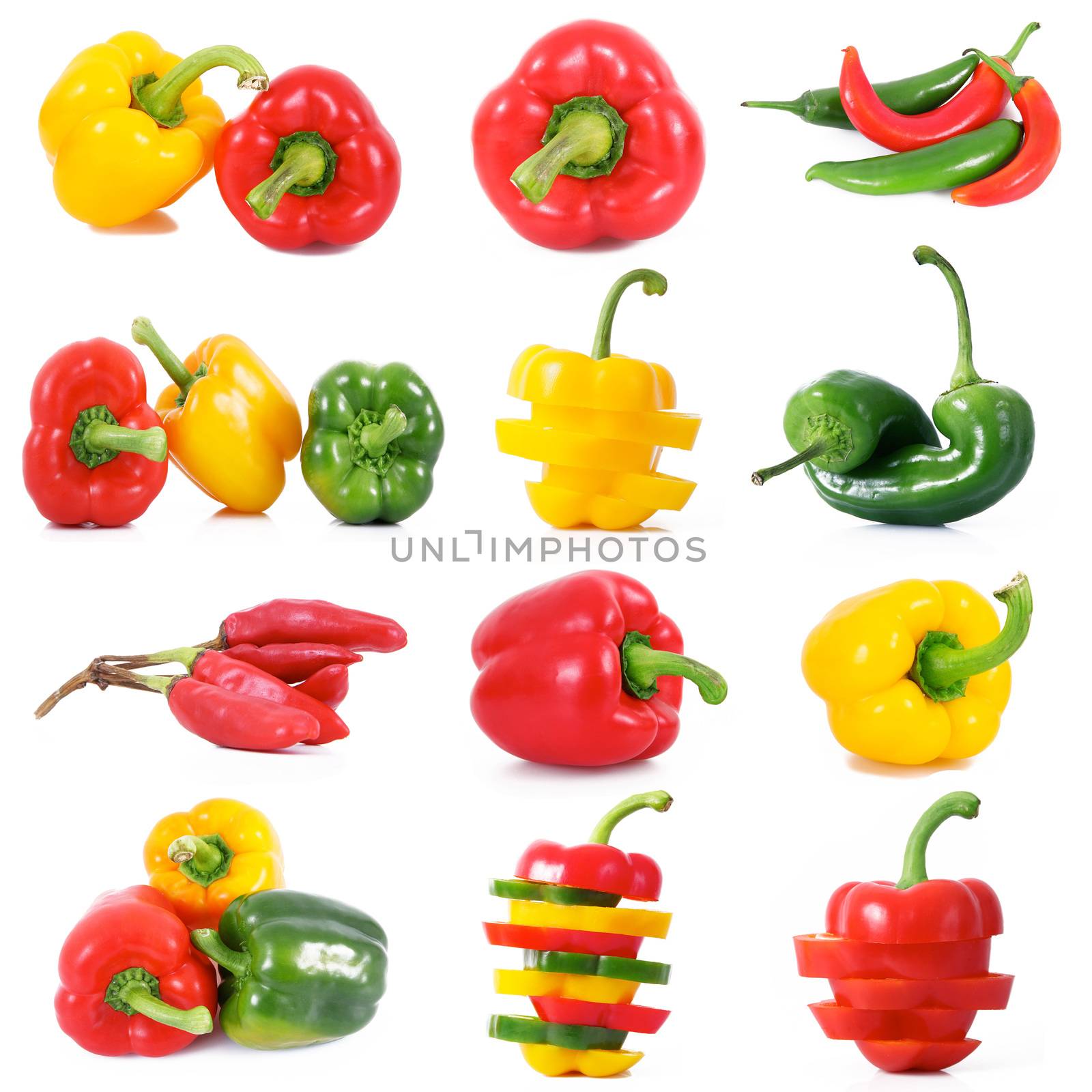 fresh hot peppers collage on white background
