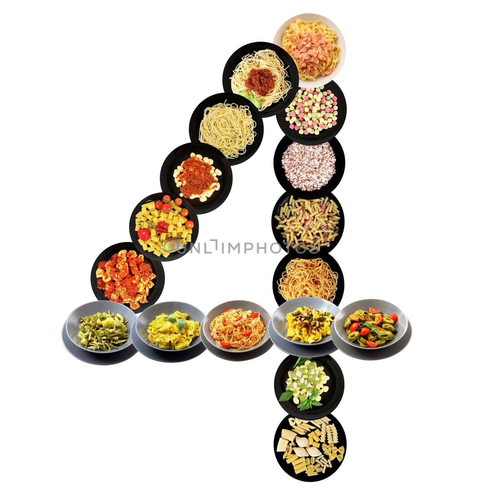 4 alphabet italian pasta on white background