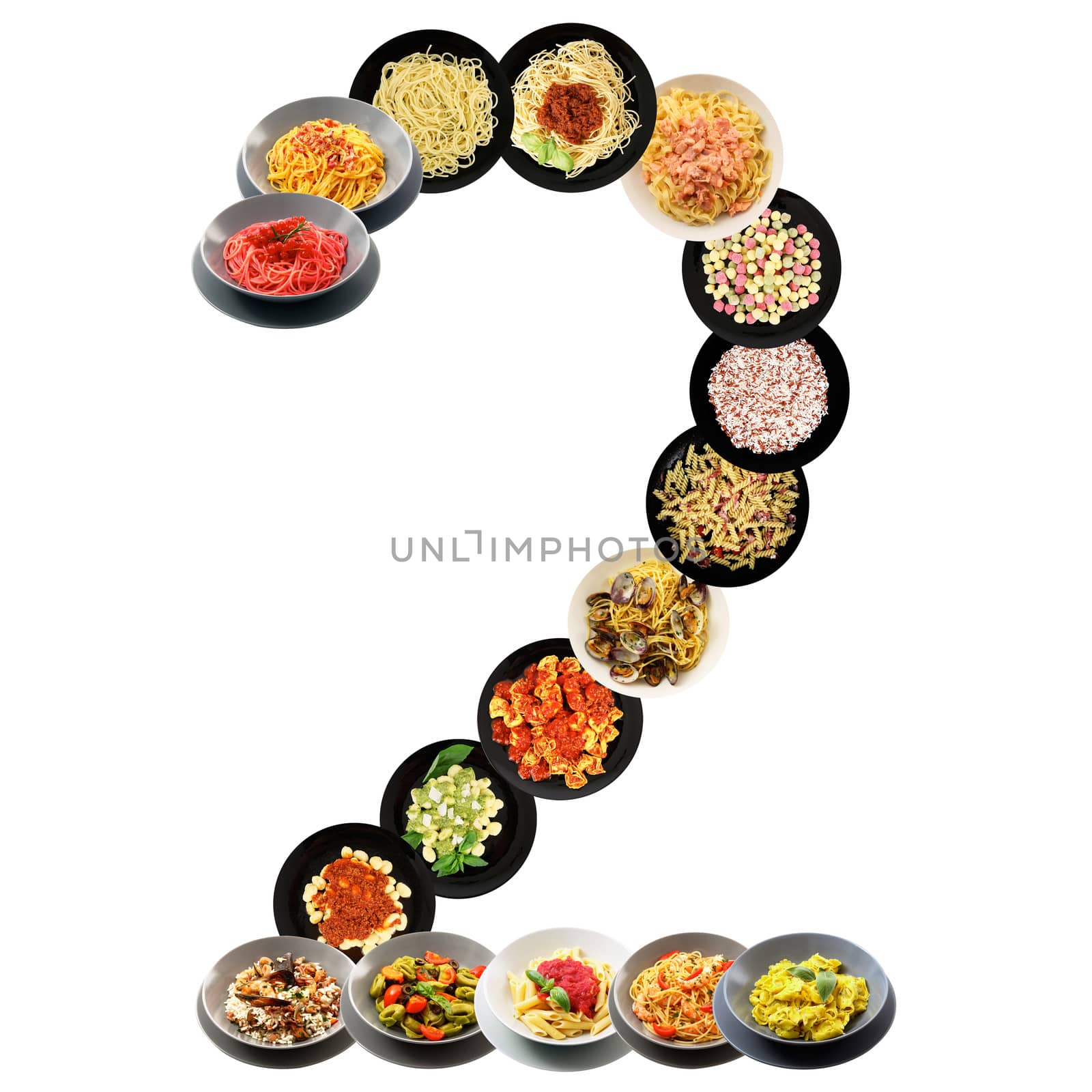 2 alphabet italian pasta on white background