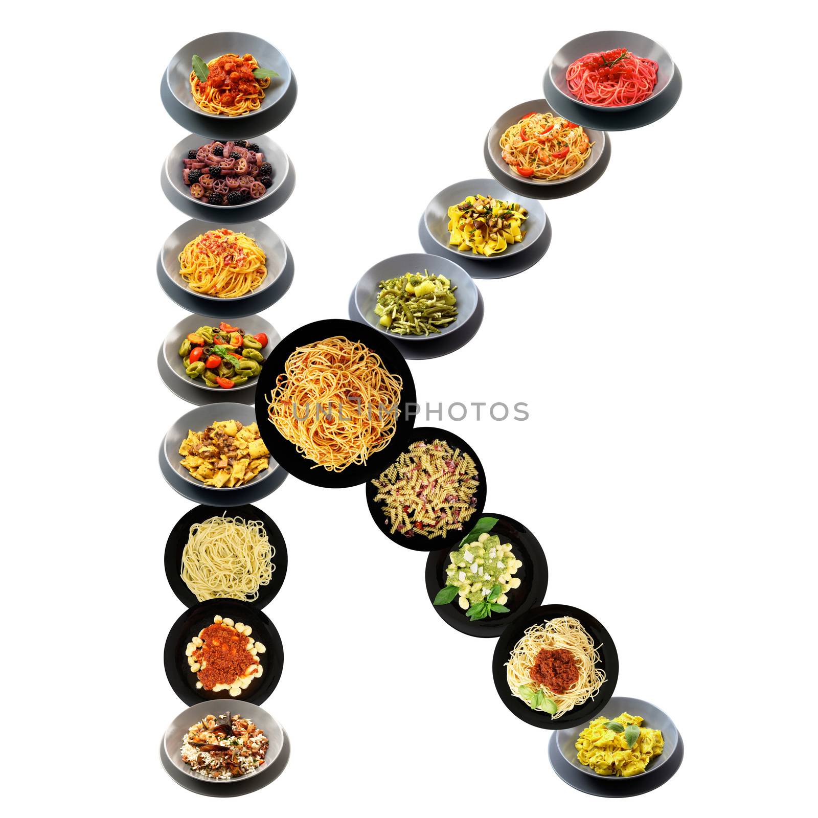 K alphabet italian pasta on white background