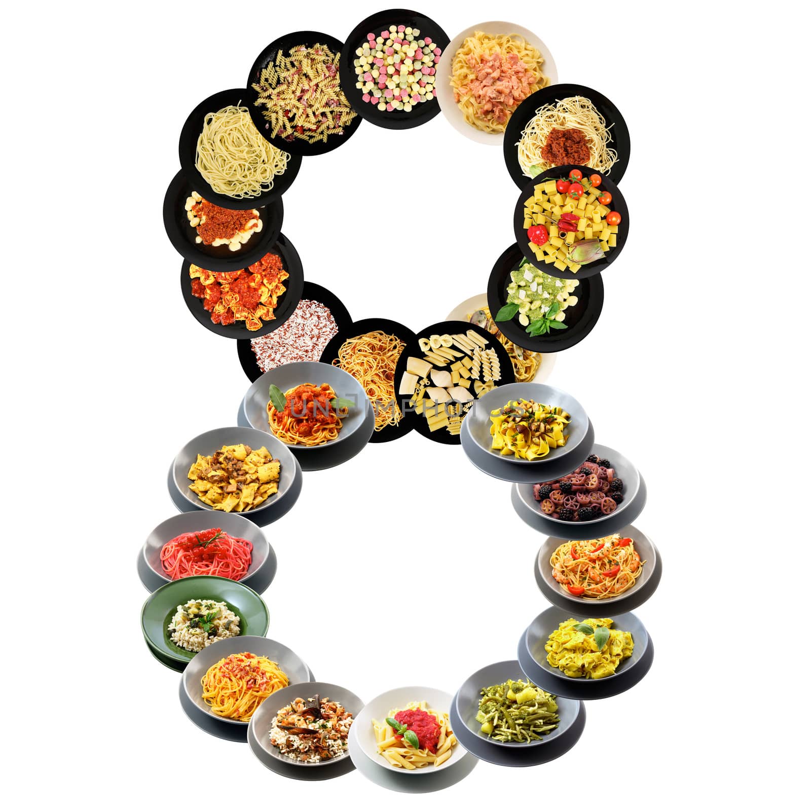 8 alphabet italian pasta on white background