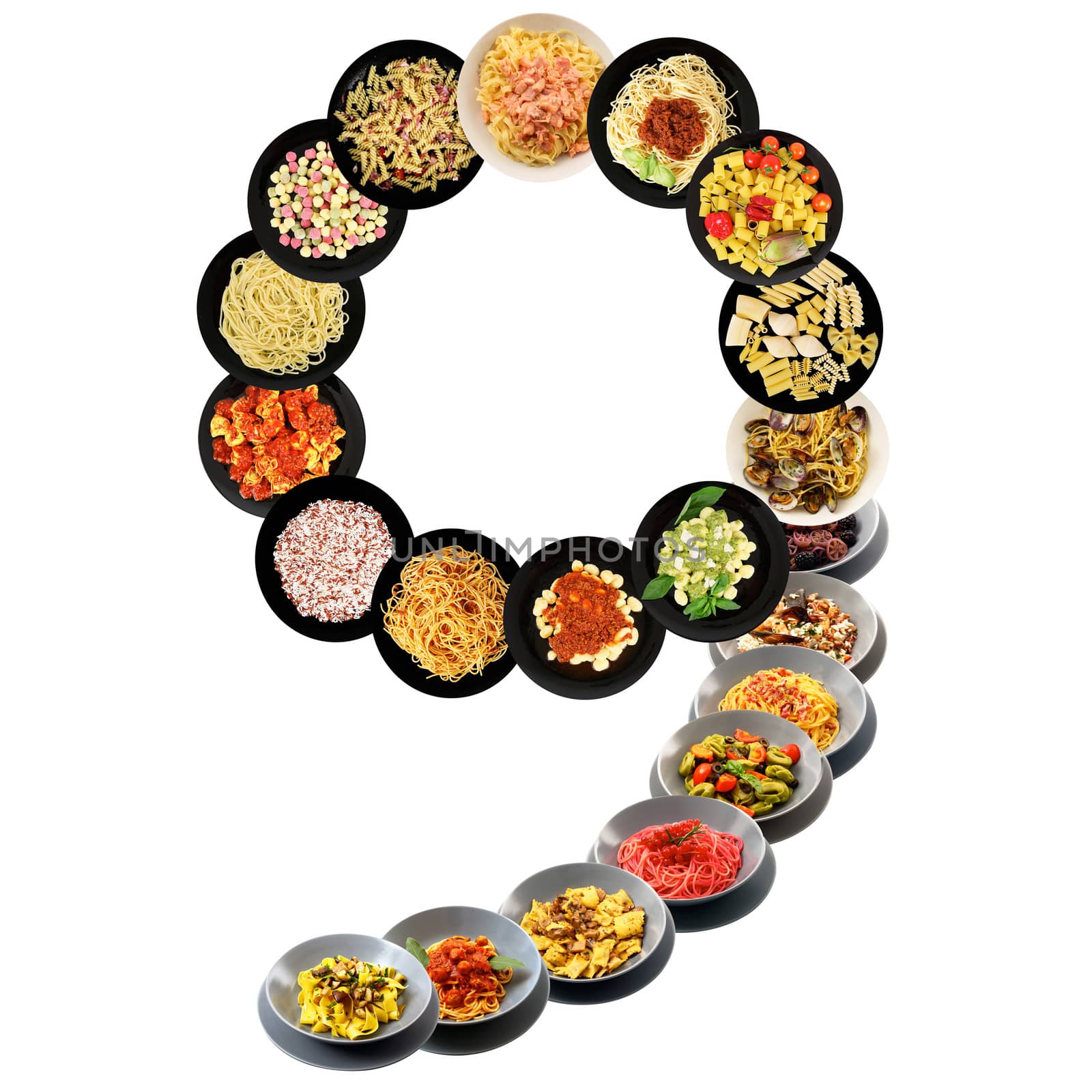 9 alphabet italian pasta on white background