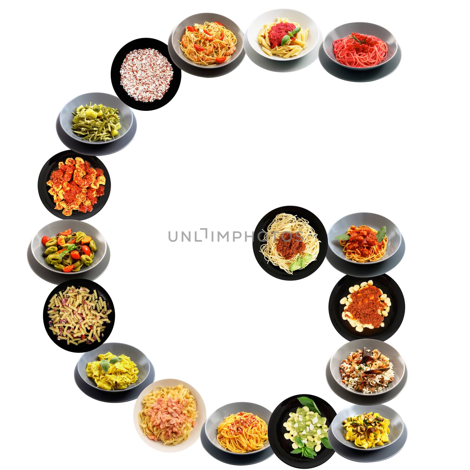 G alphabet italian pasta on white background