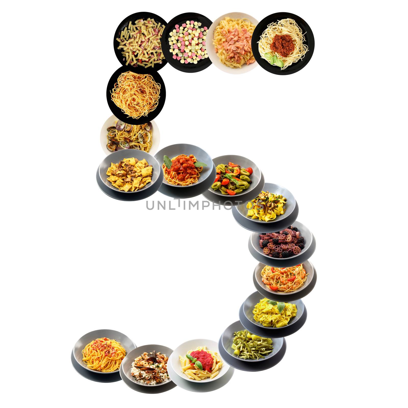 5 alphabet italian pasta on white background