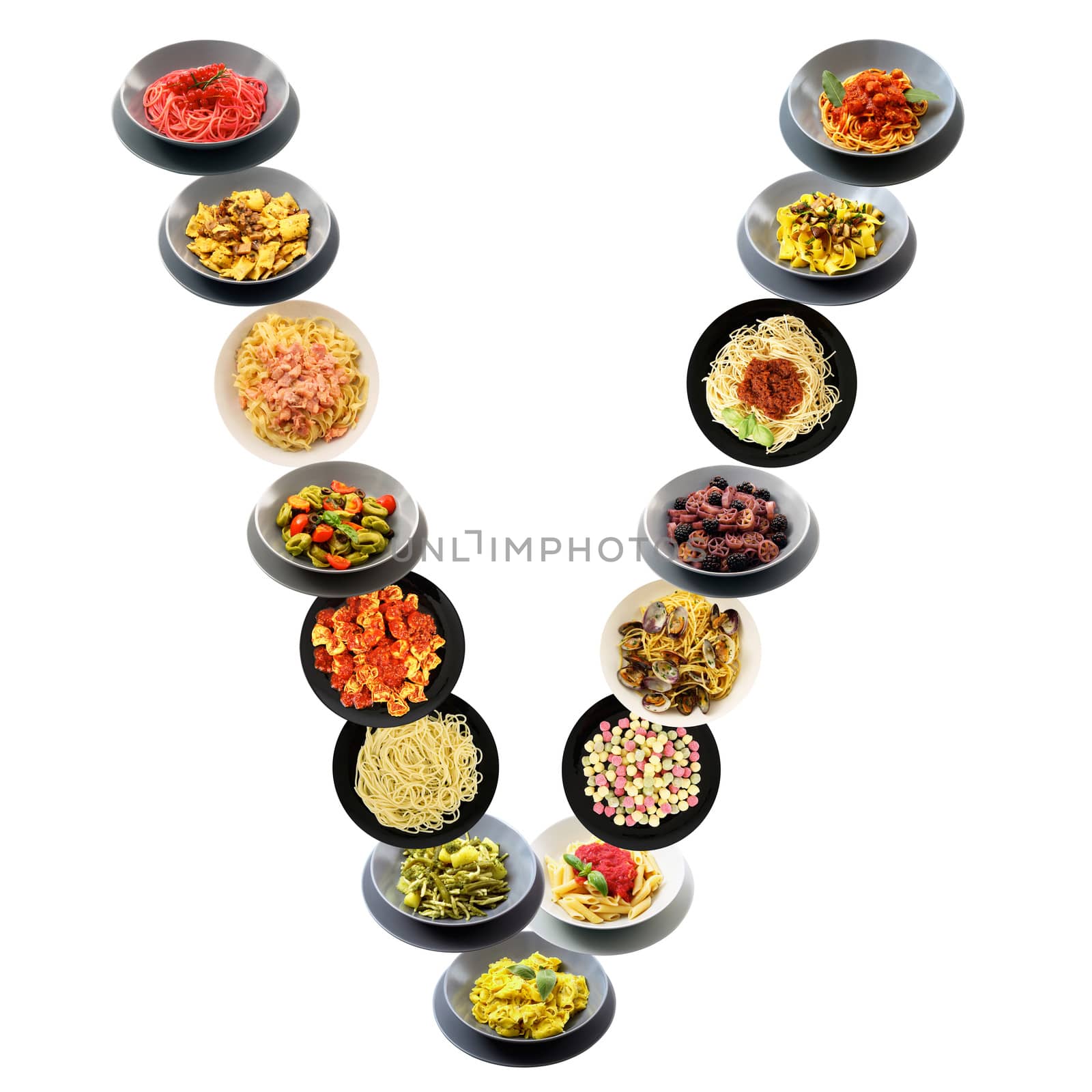 V alphabet italian pasta on white background
