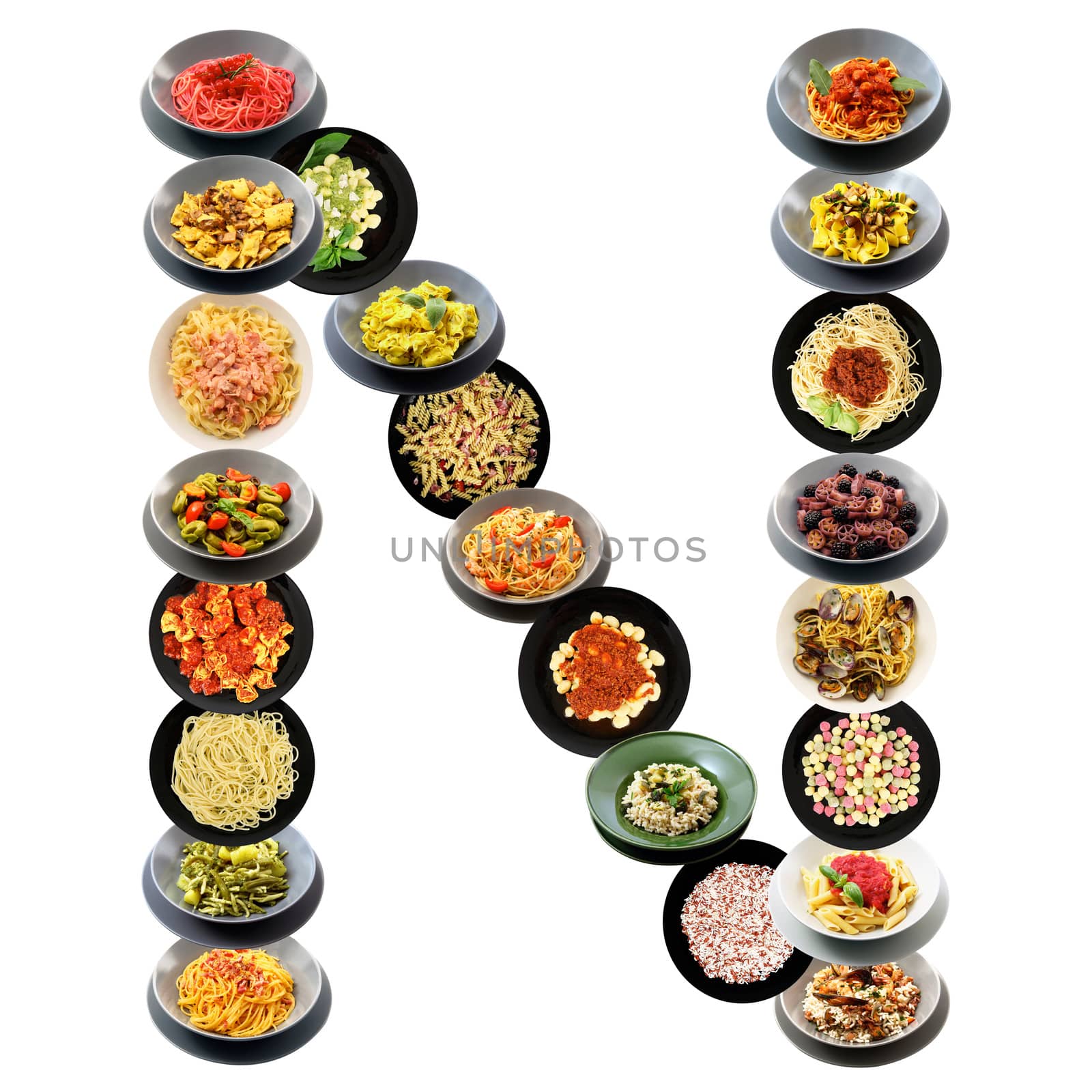 N alphabet italian pasta on white background