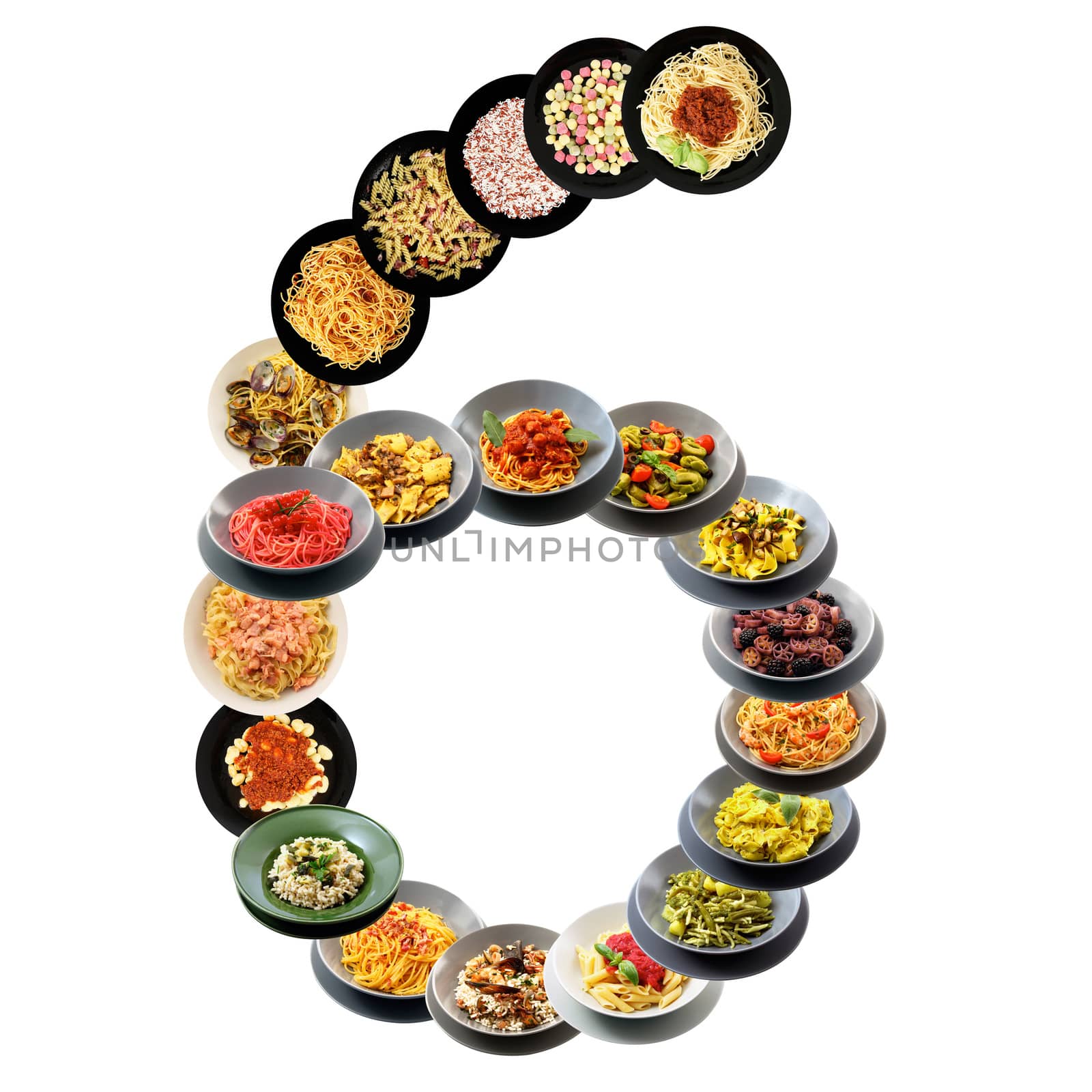 6 alphabet italian pasta on white background