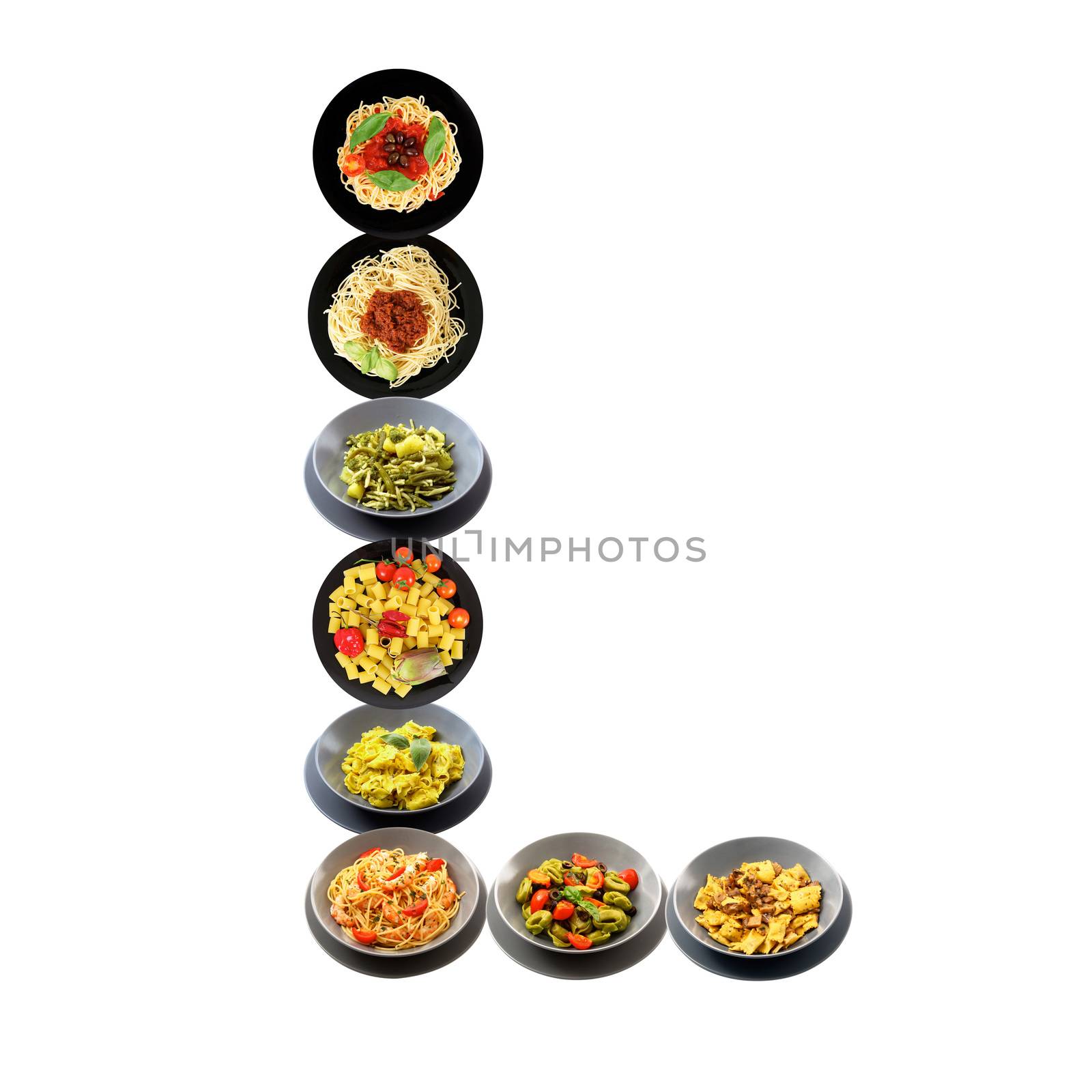 L alphabet italian pasta on white background