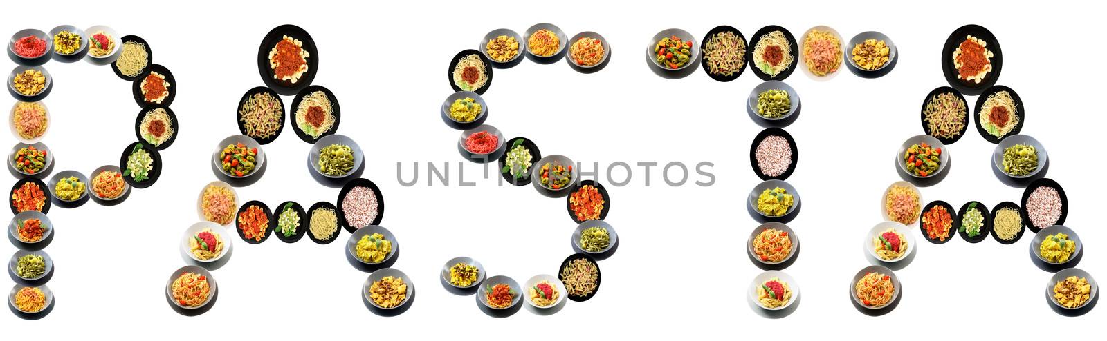 PASTA alphabet italian pasta on white background