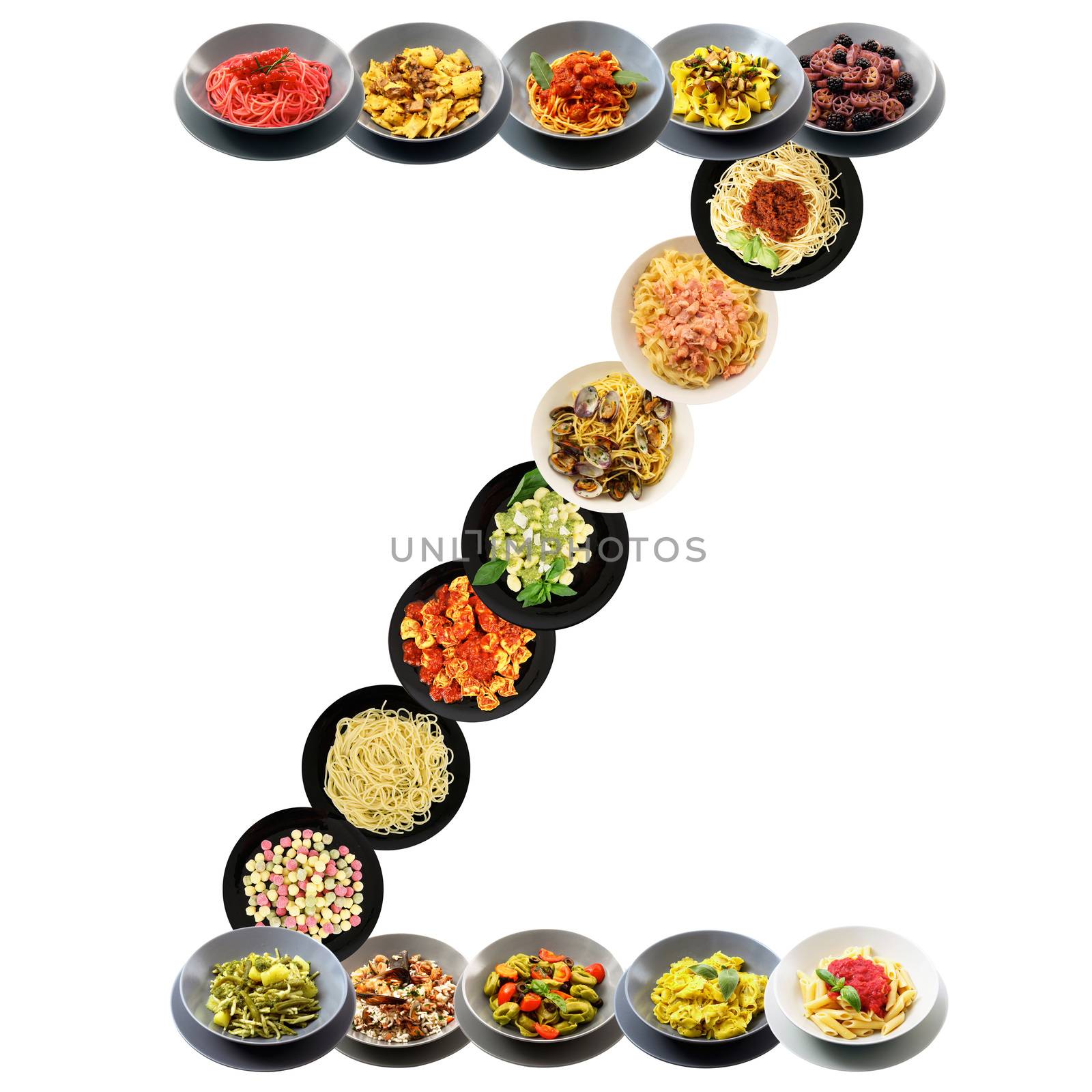 Z alphabet italian pasta on white background