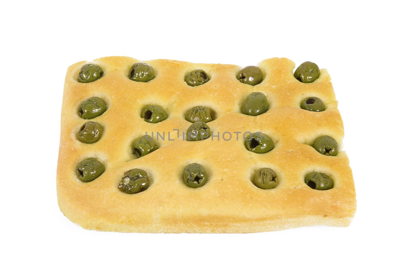 fresh flatbread with olive on white background