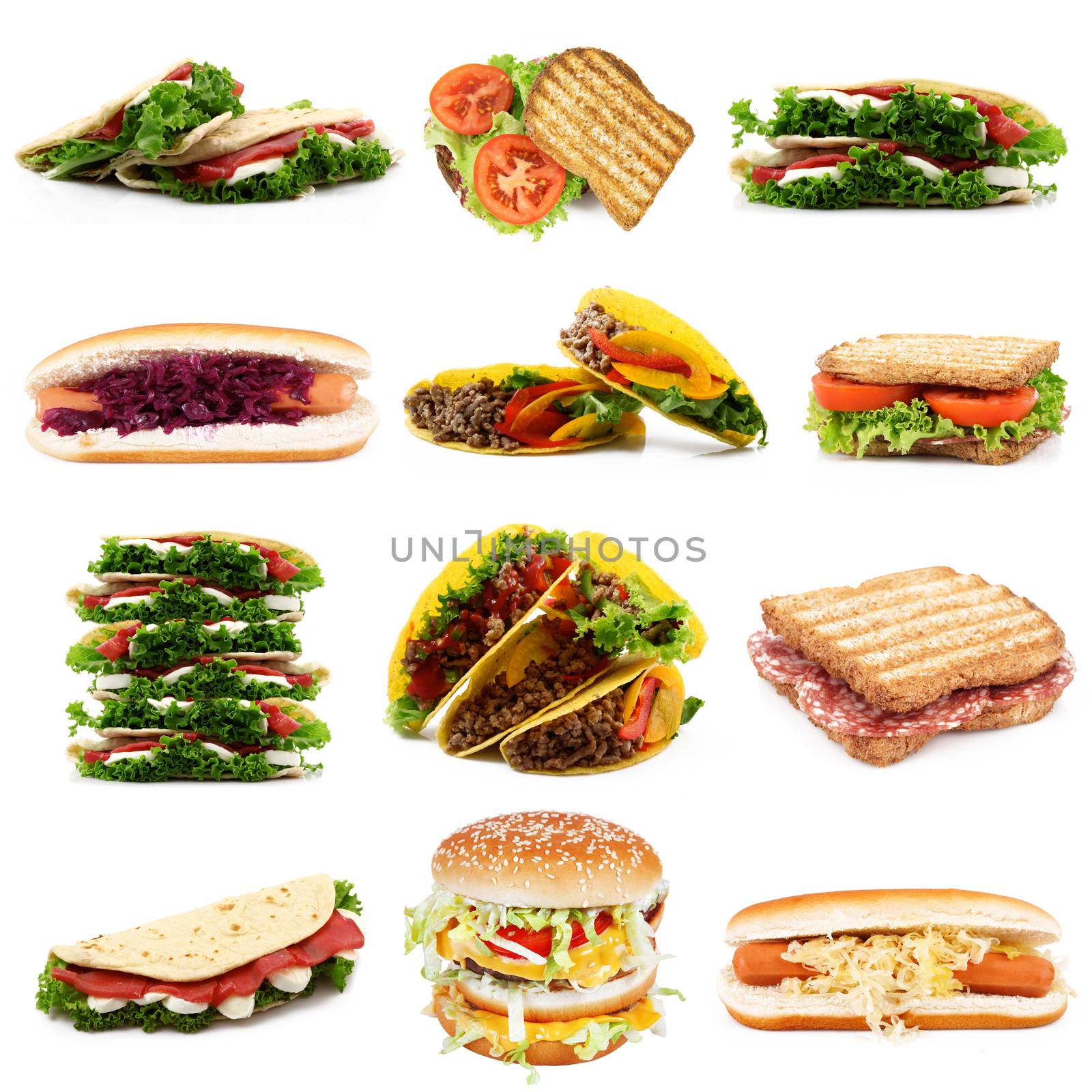 various sandwich collection on white background