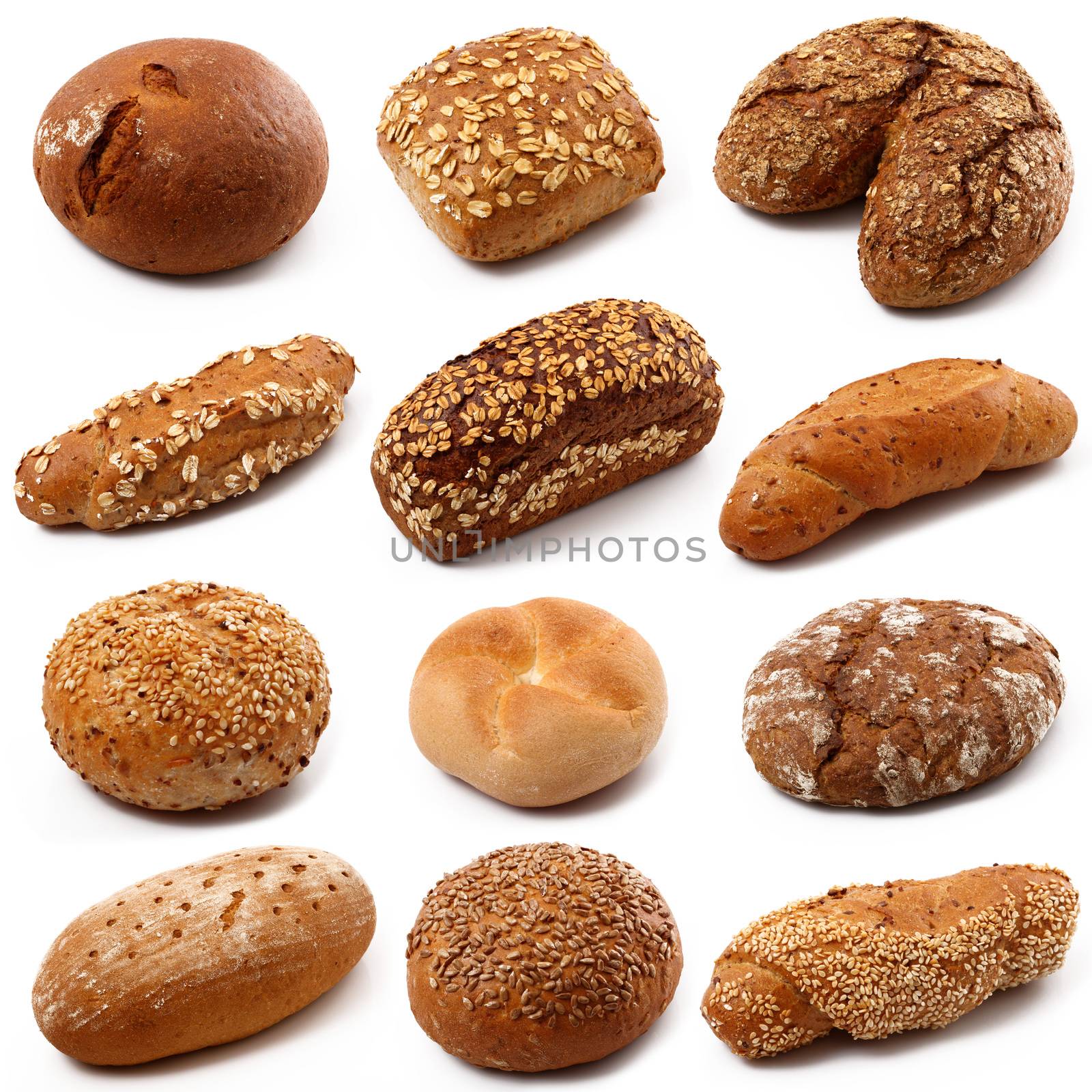 fresh bread collage on white background