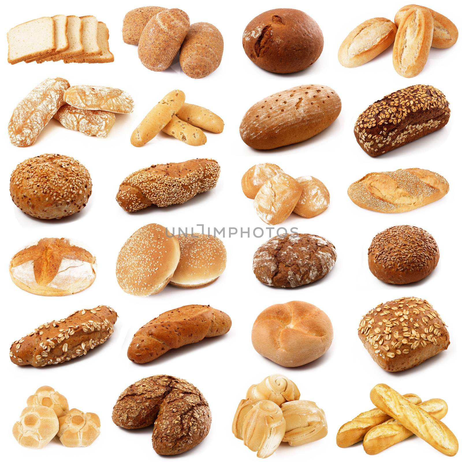 fresh bread collage on white background