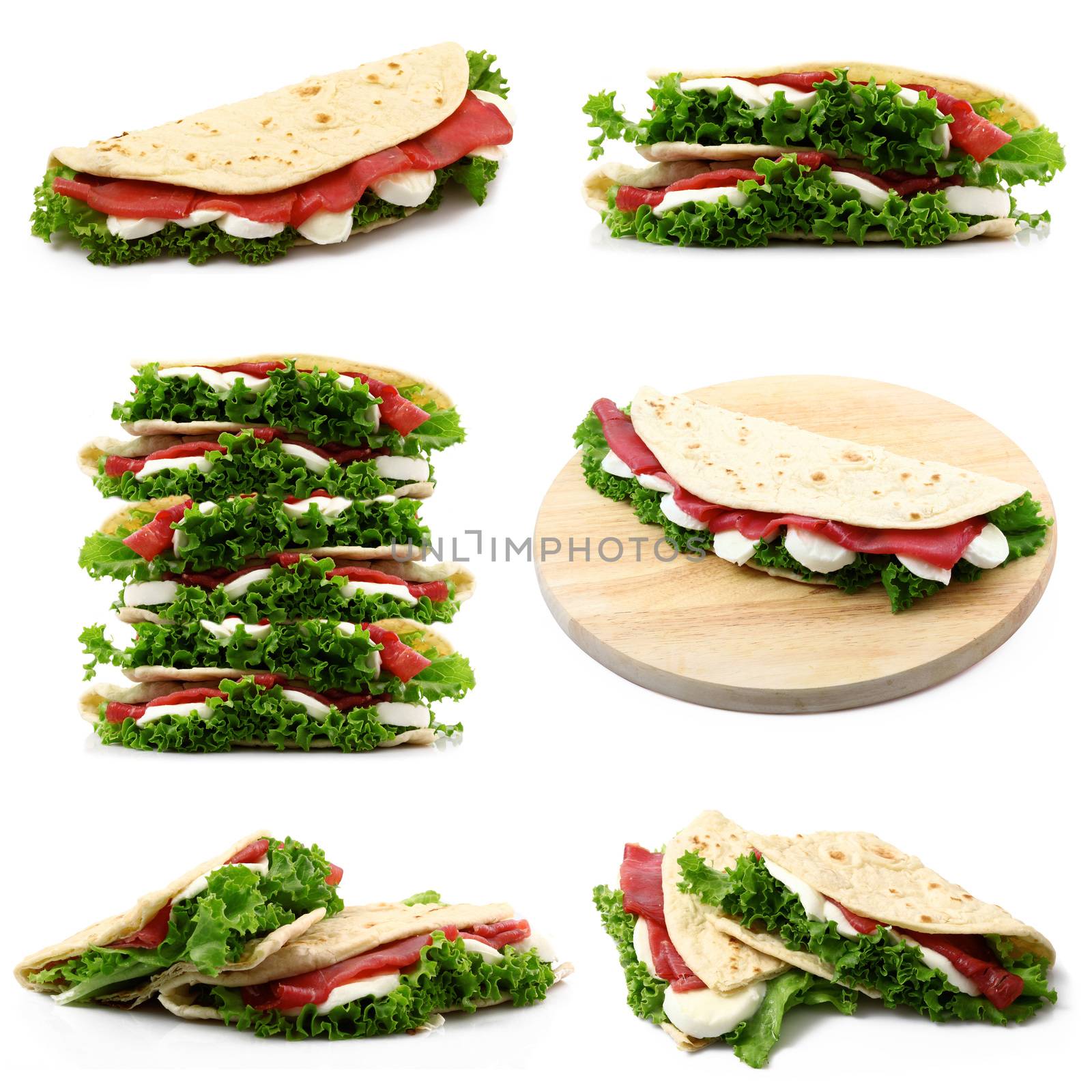 italian flat bread with salade and ham collage