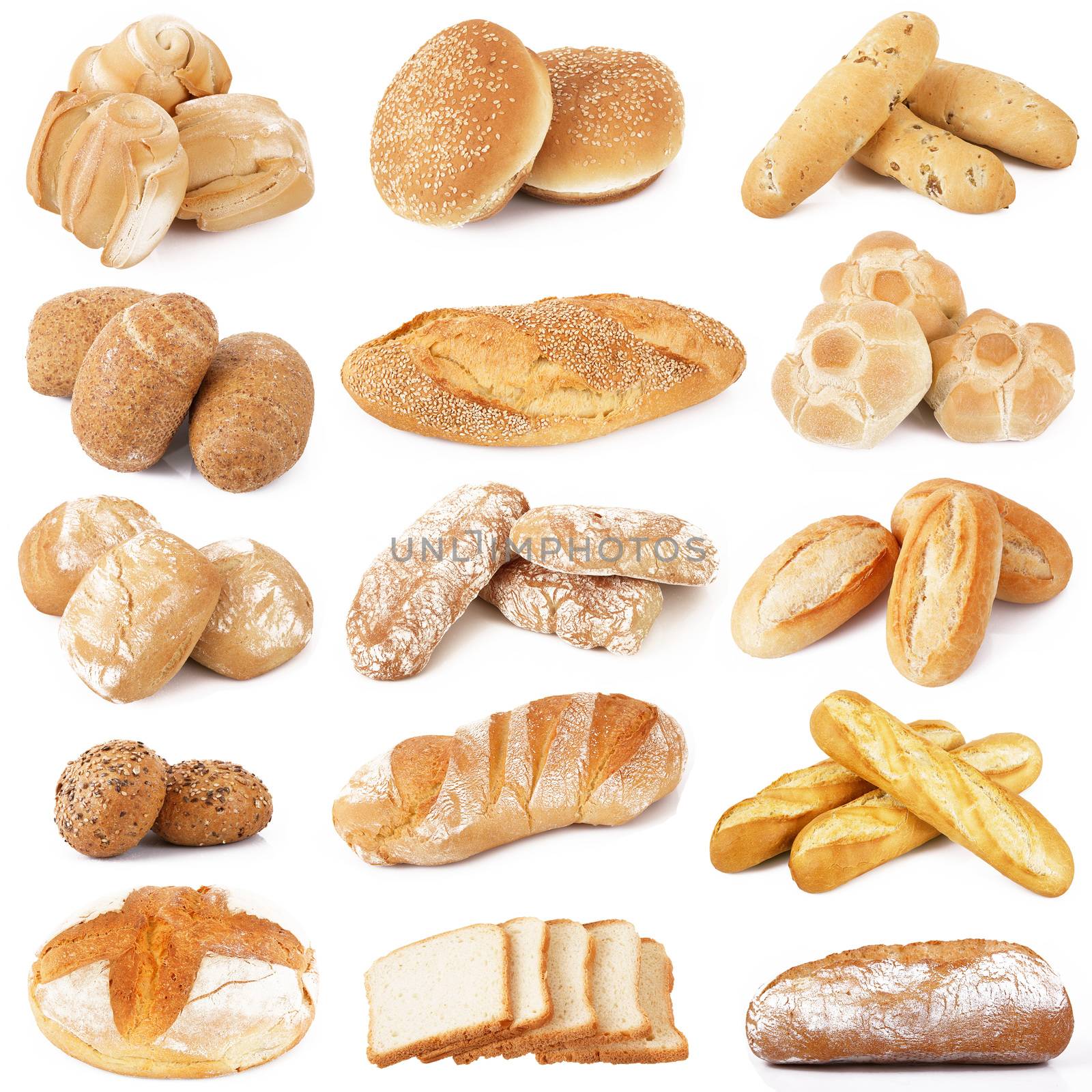 fresh bread collage on white background