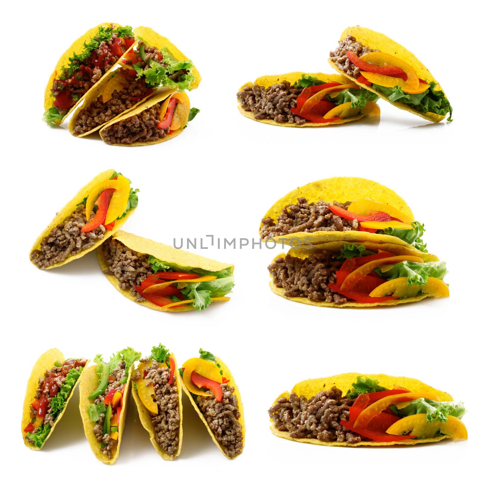mexican tacos collage on white background