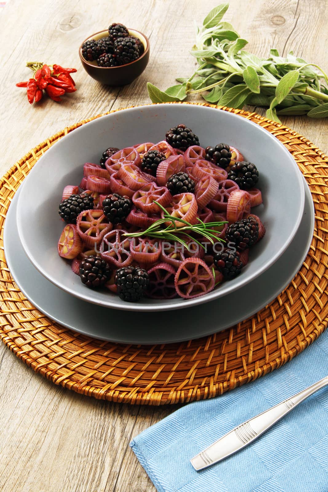 delicious italian pasta with blackberries