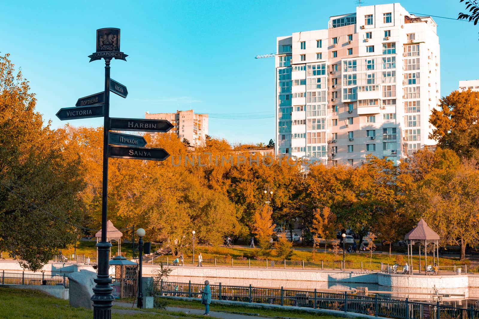 City ponds in the autumn. Trees covered with yellow and orange leaves are reflected in the water. Blue sky.