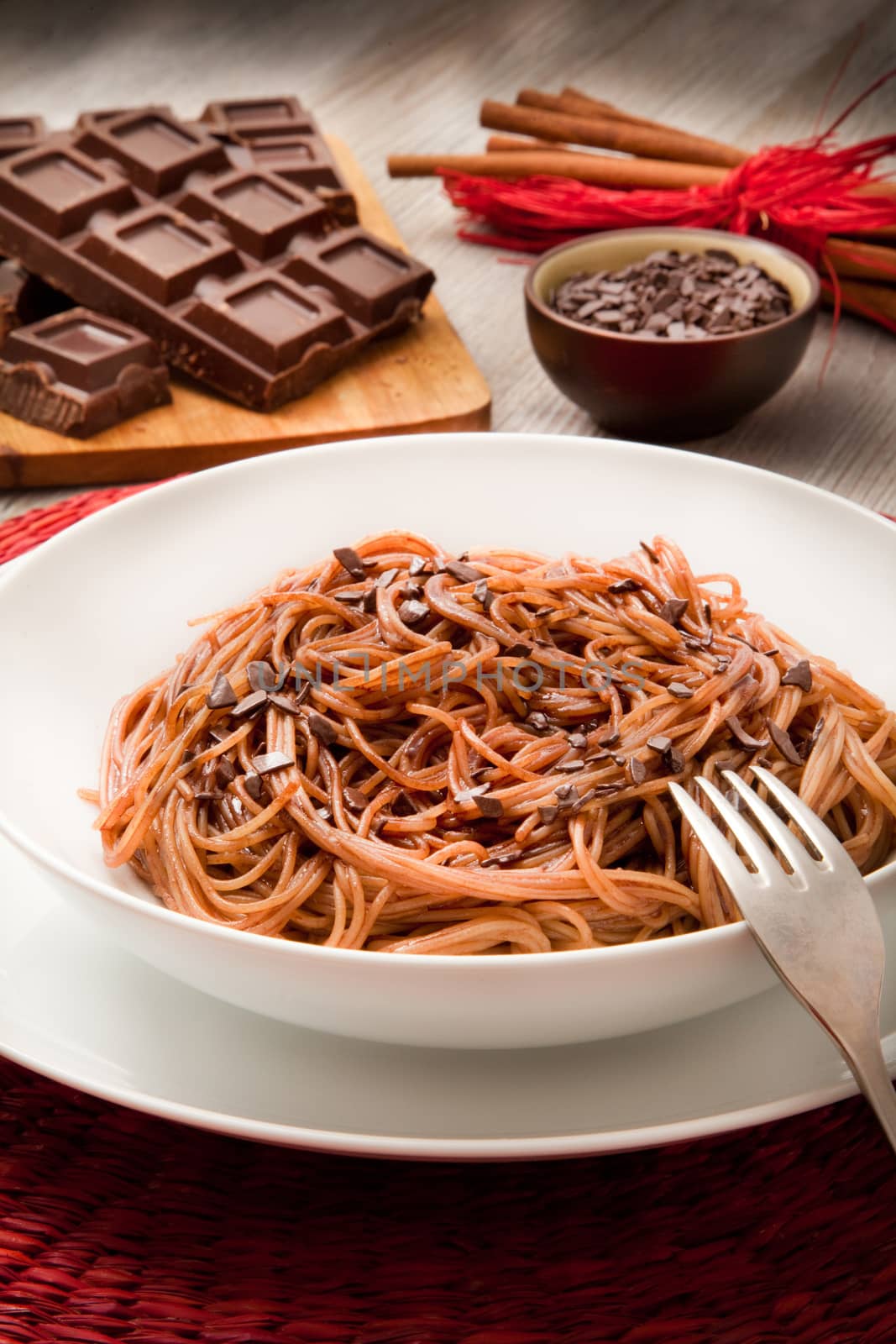 original italian spaghetti with chocolate and pepper