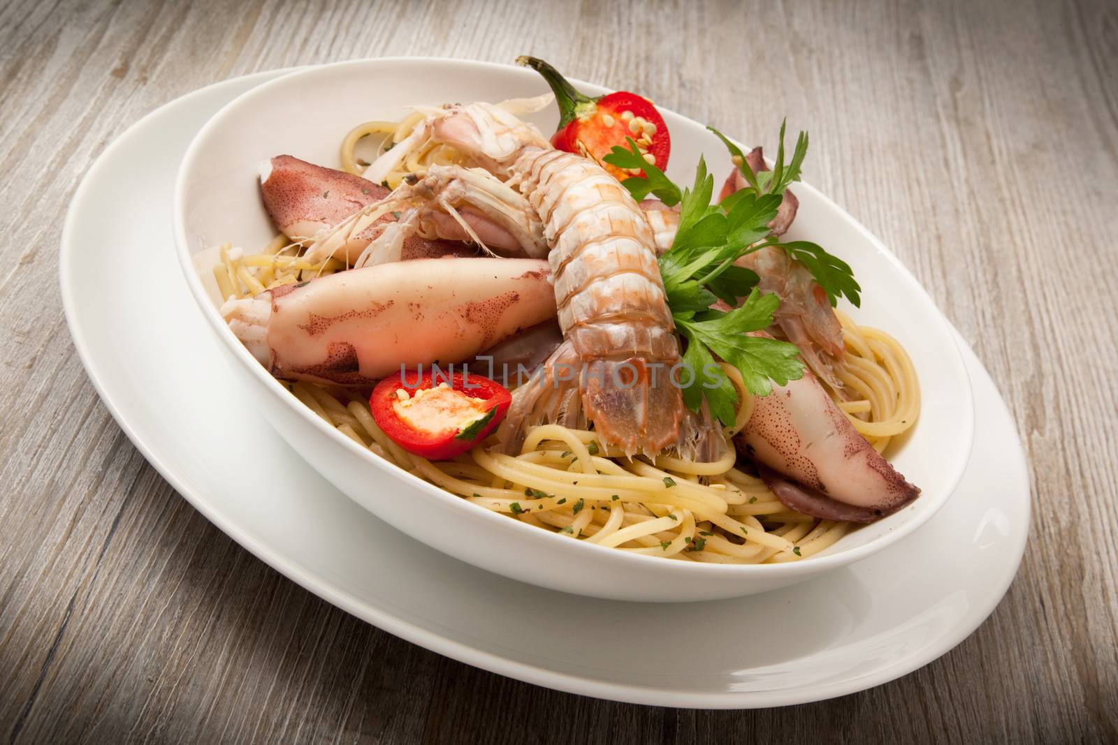 italian spaghetti with squid and mantis shrimp