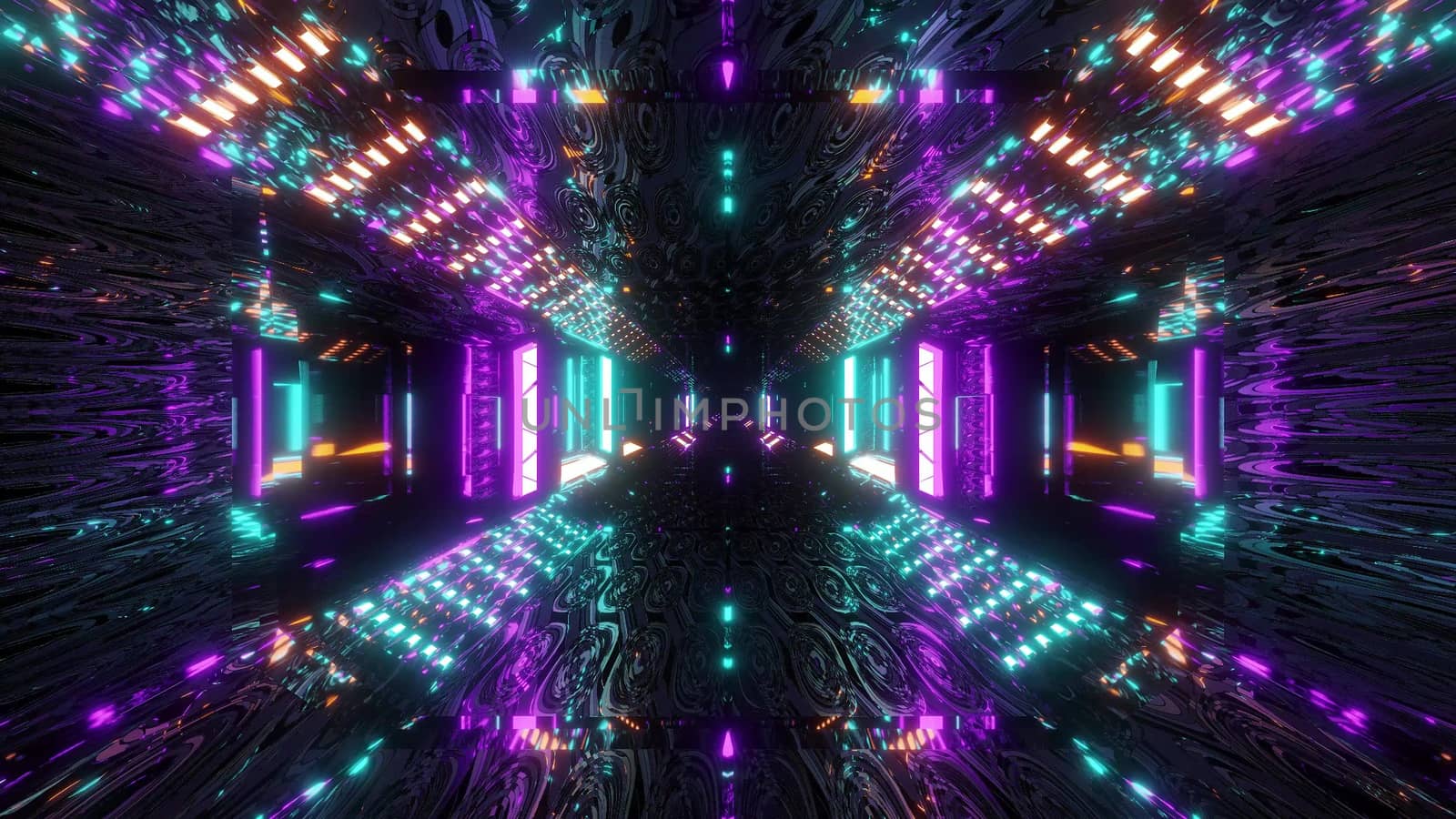 glowing sci-fi tunnel corridor with abstract eye texture 3d illustration wallpaper background, futuristic scifi corridor 3d rendering design