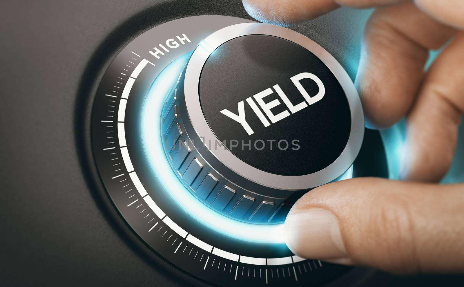 Man turning a knob to select high yield investment. Finance Concept. Composite image between a hand photography and a 3D background.