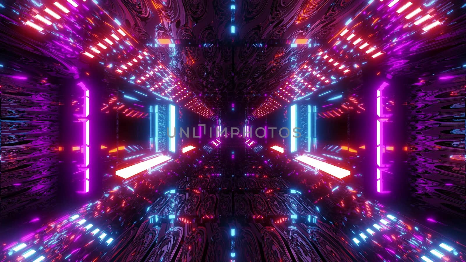 glowing sci-fi tunnel corridor with abstract eye texture 3d illustration wallpaper background, futuristic scifi corridor 3d rendering design