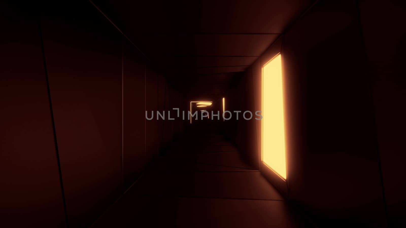 highly abstract design tunnel corridor with glowing light patterns 3d illustration wallpaper background, emndless visual tunnel 3d rendering art