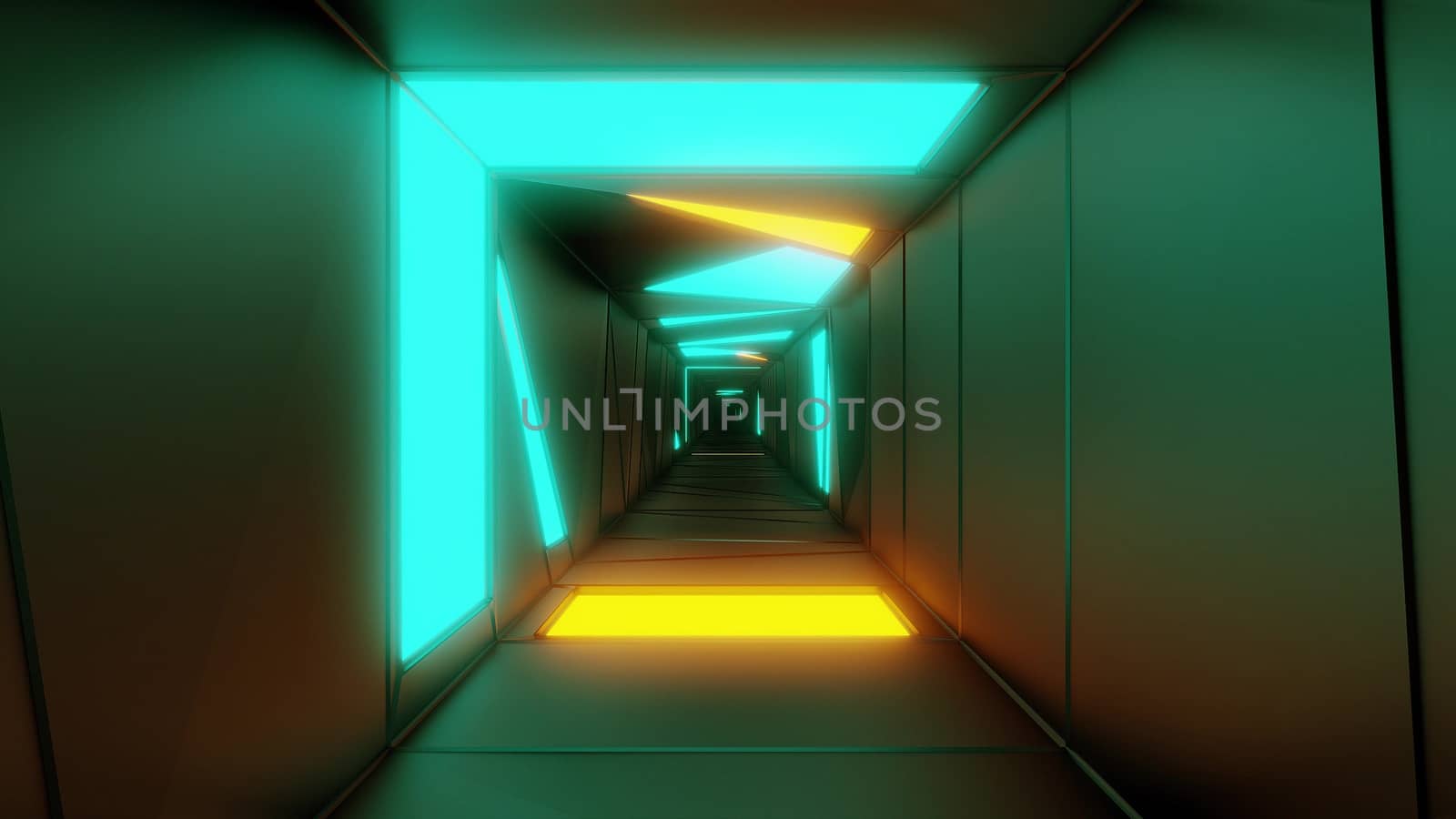 highly abstract design tunnel corridor with glowing light patterns 3d illustration wallpaper background, emndless visual tunnel 3d rendering art