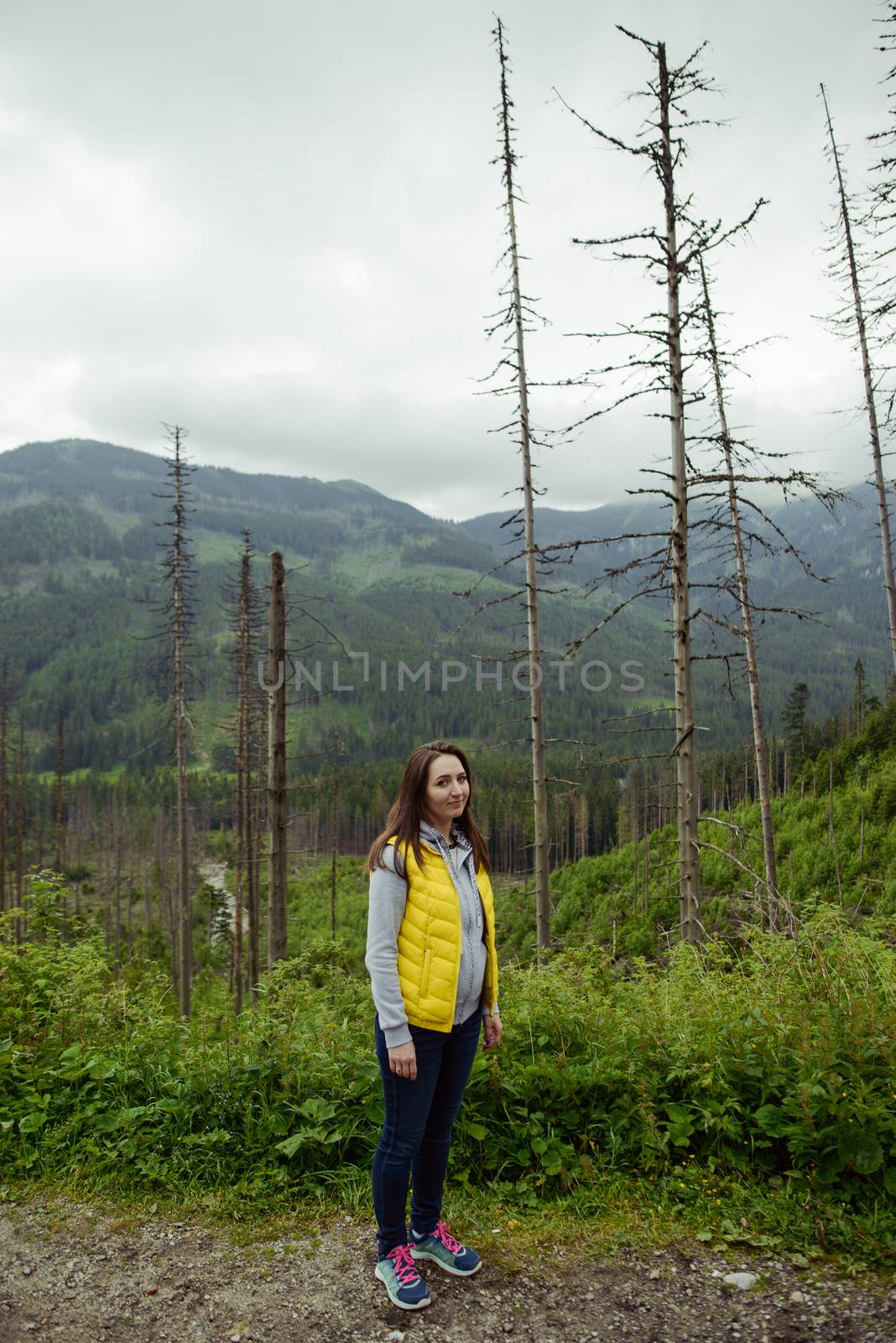 brunette woman hiker hiking on trail in summer time. Tatra mountain in Poland.