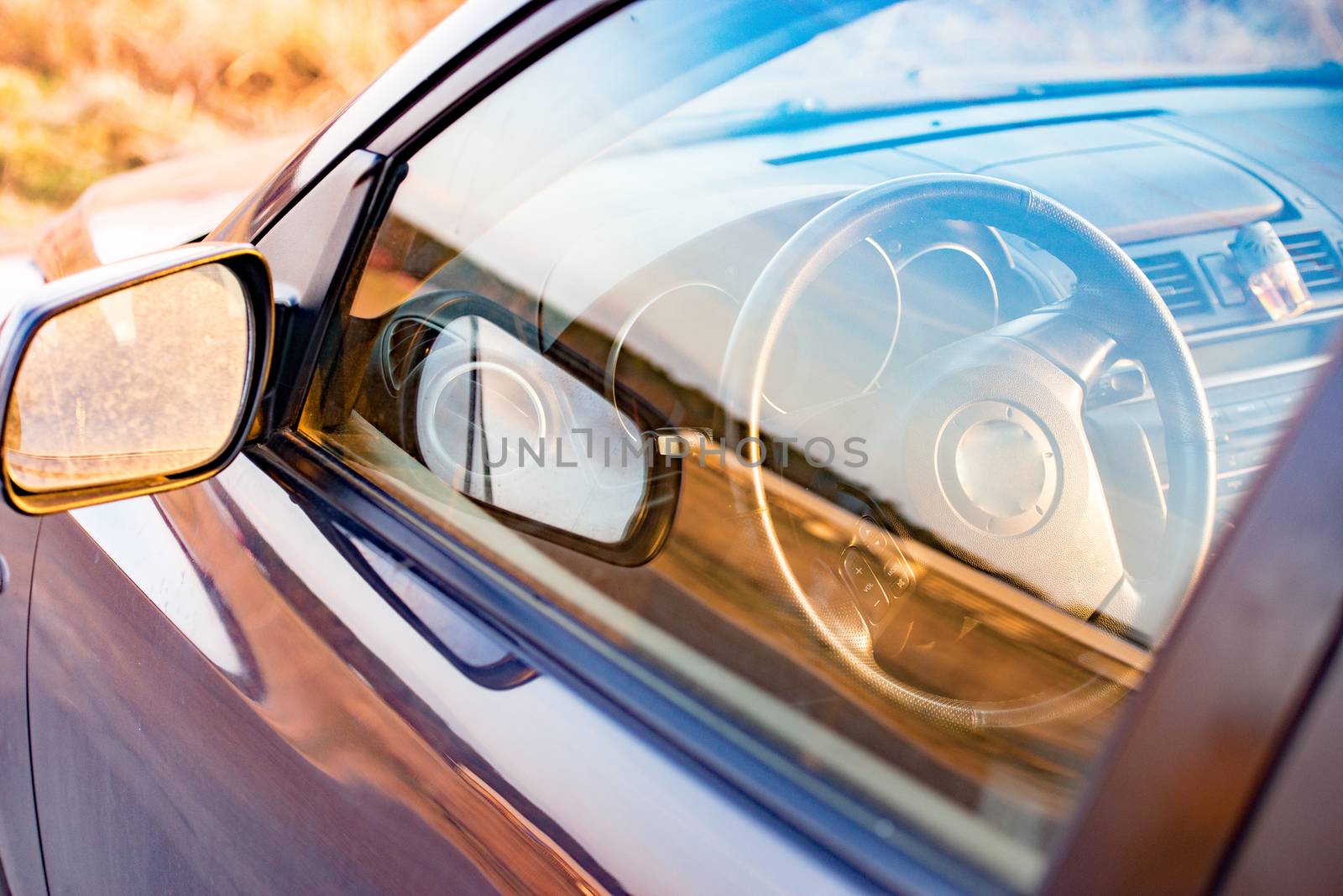 Interior view of car focus on the steering wheel