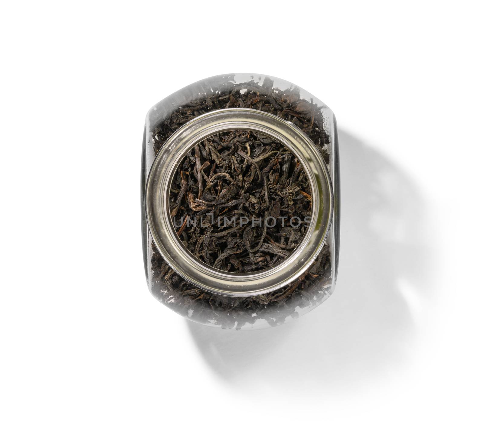 Black tea top view on white background.
