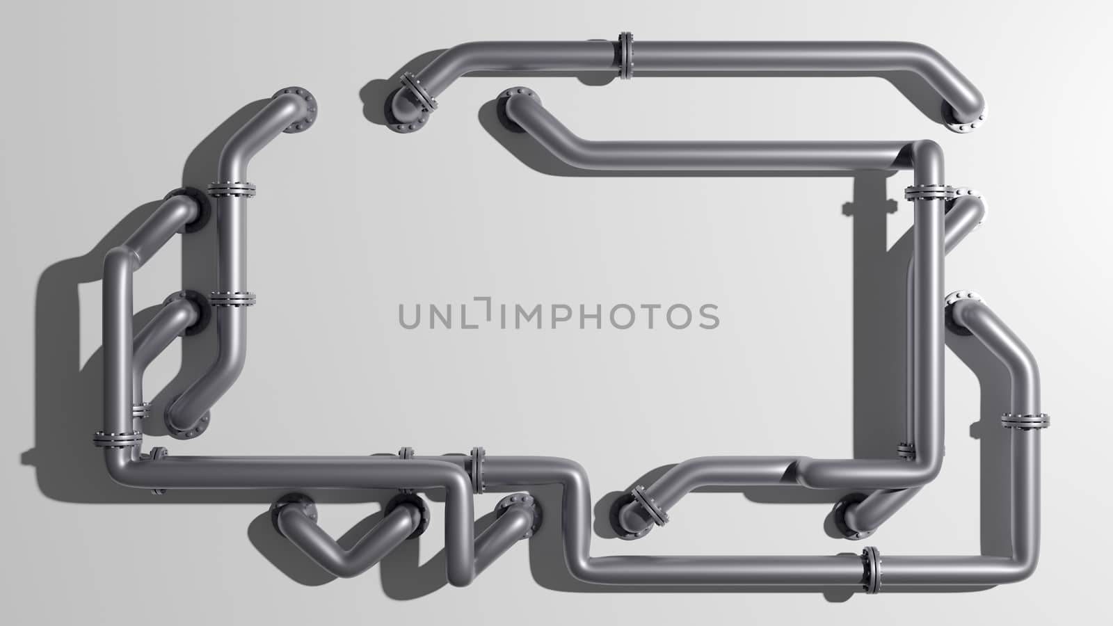 A rectangular banner with an empty space in the middle is entangled in pipes with flanges. Industrial concept. Metal pipes, white background and shadow, 3D rendering