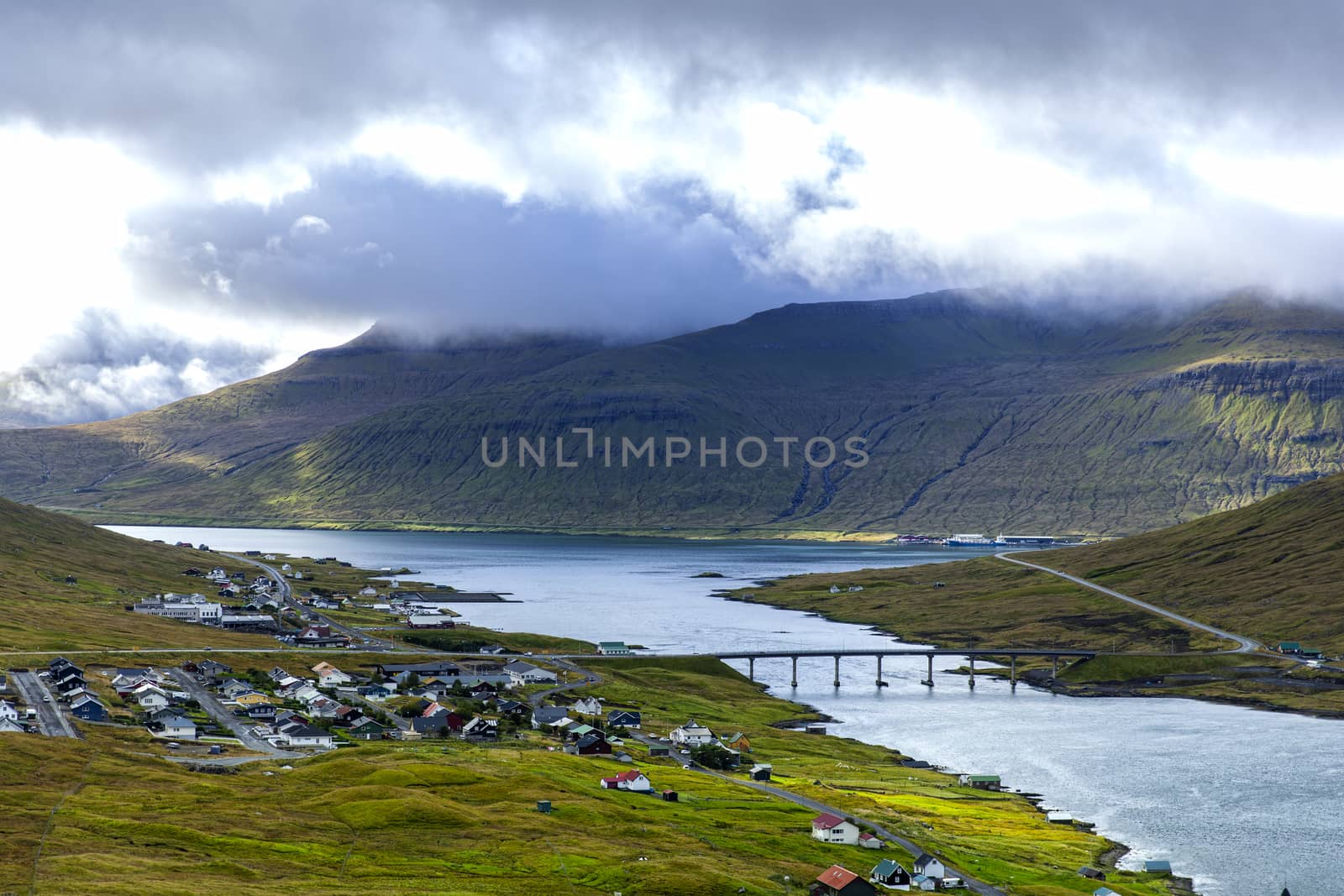 Oyrarbakki village and the bridge connecting Eysturoy and Streymoy islands, Faroe Islands