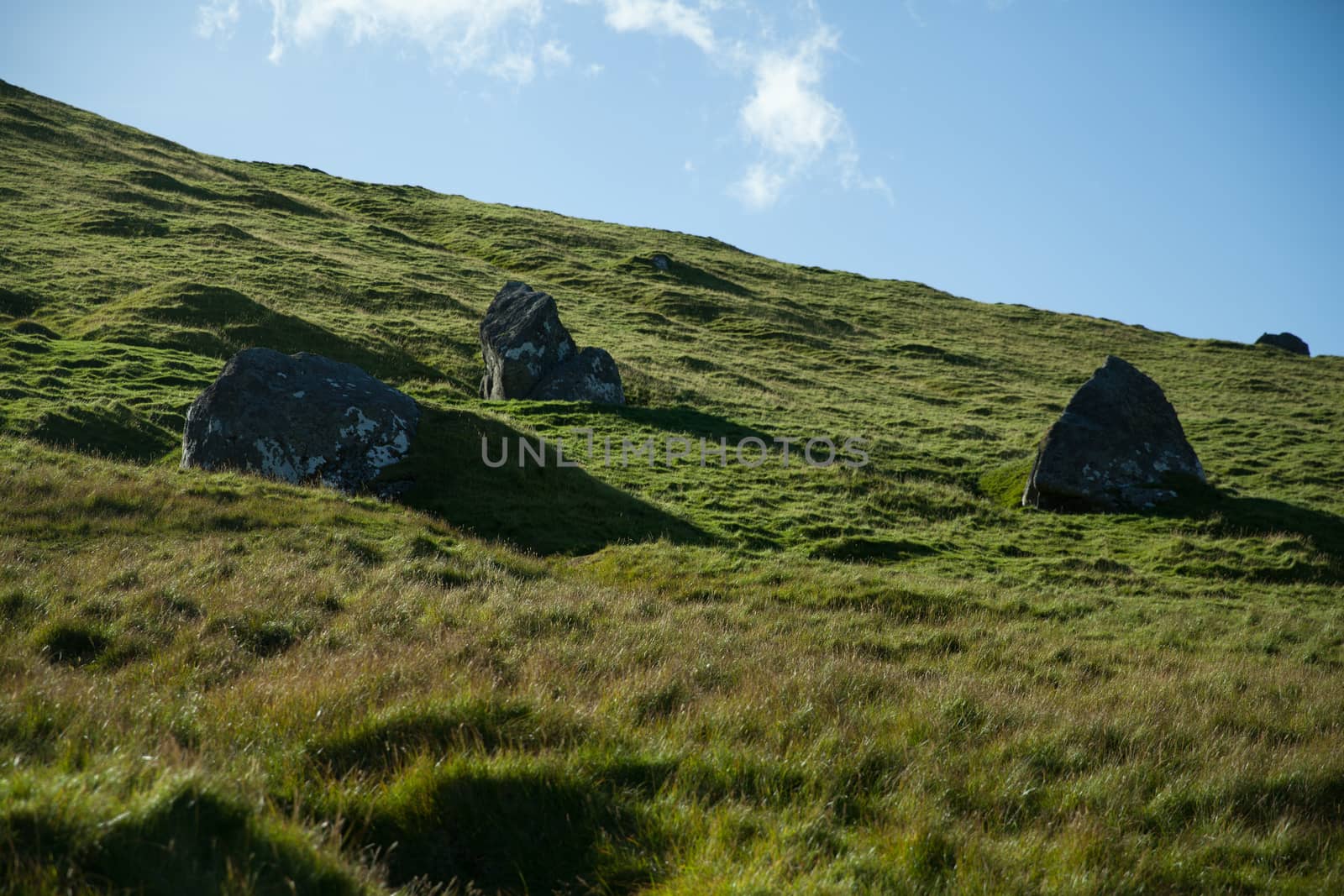 Green grass and blue sky contrast at kallur trail, Kalsoy, Faroe islands,