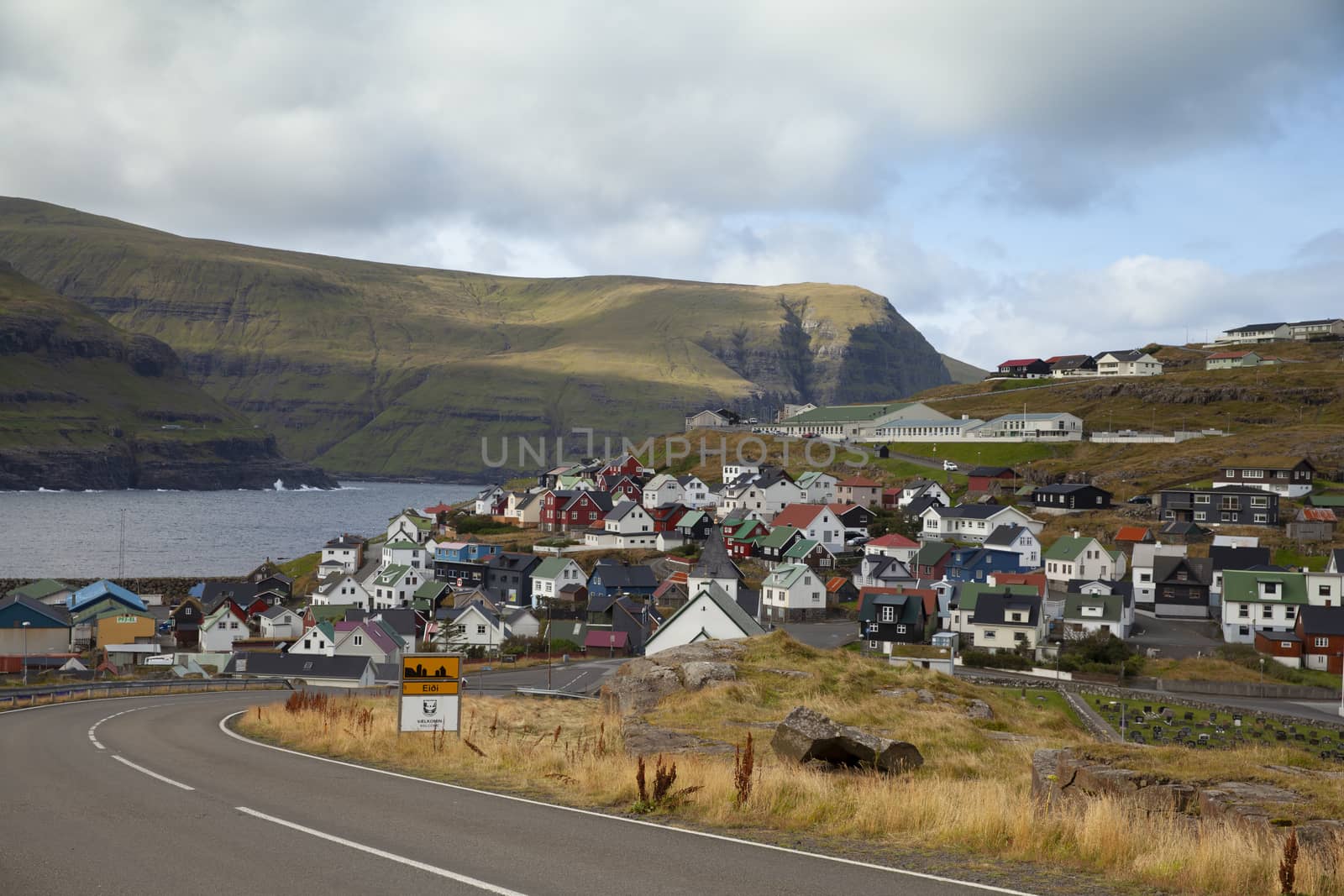 Eidi village, Faroe Island - 19 September: Panoramic view of the village with the sign showing its name