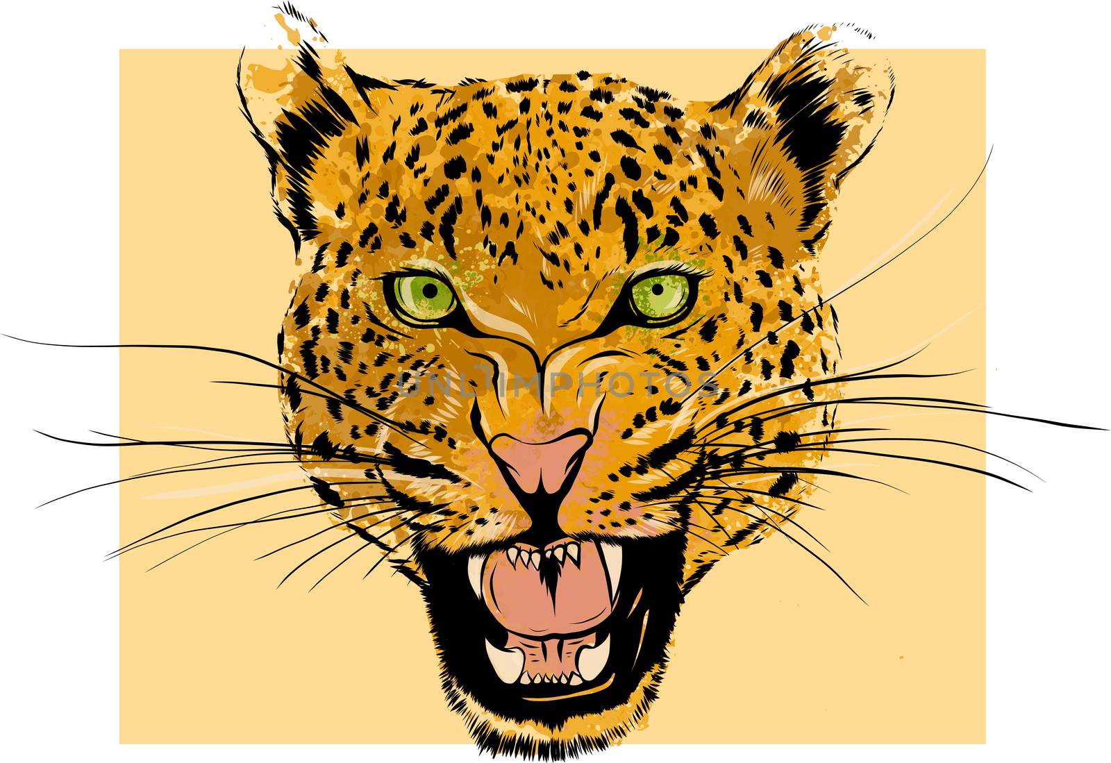 Leopard Portrait. Angry wild big cat head. Cute face of African Aggressive predator with bared teeth in cartoon style, t-shirt print design