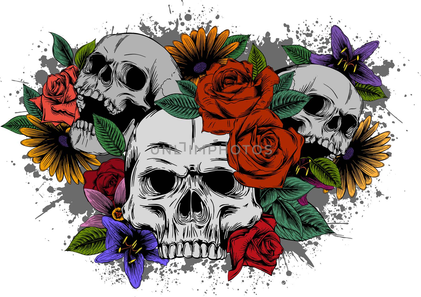 Skull with flowers, with roses. Drawing by hand
