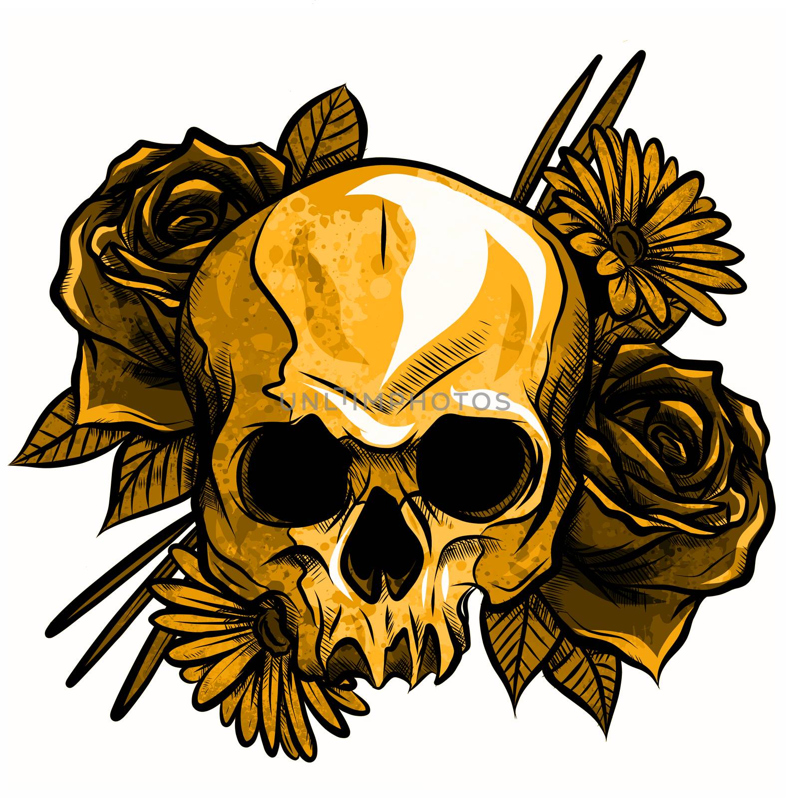 Skull with flowers, with roses. Drawing by hand