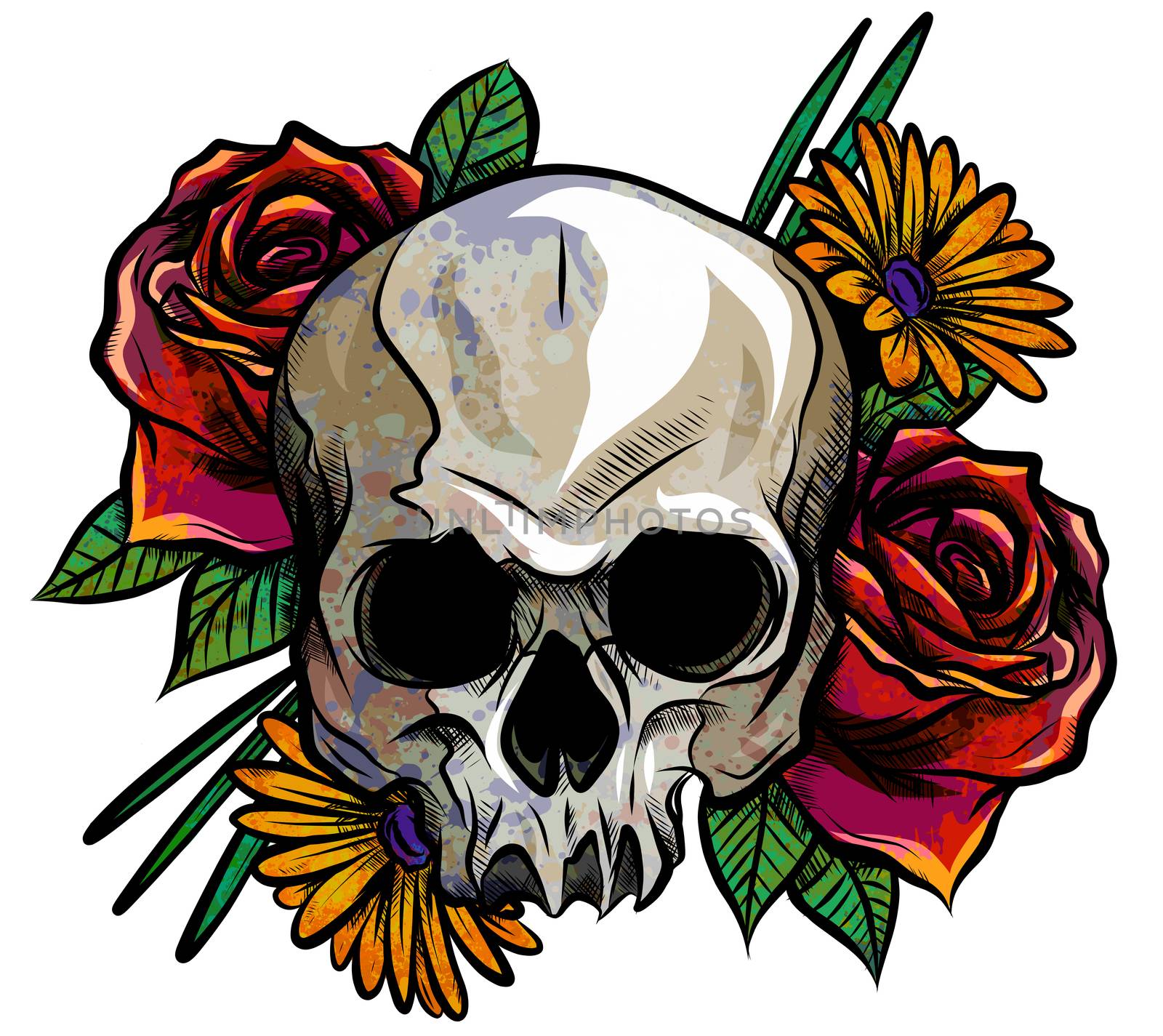 Skull with flowers, with roses. Drawing by hand