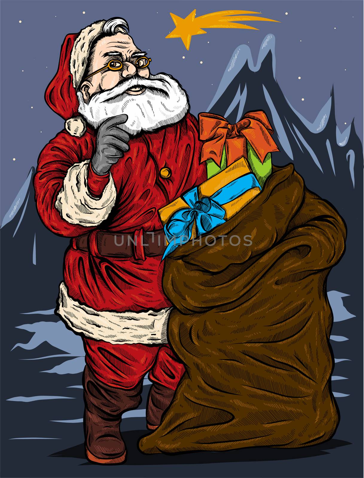 vintage Christmas badge with cartoon Santa Claus holding a present. Retro illustration. by dean
