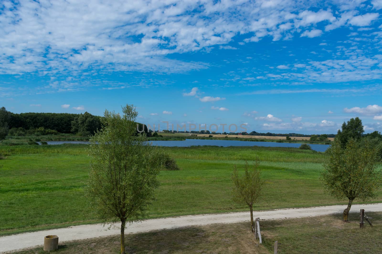 Panoramic view of the swimming, fishing and nature area Eixen lake. Shot from the lookout tower