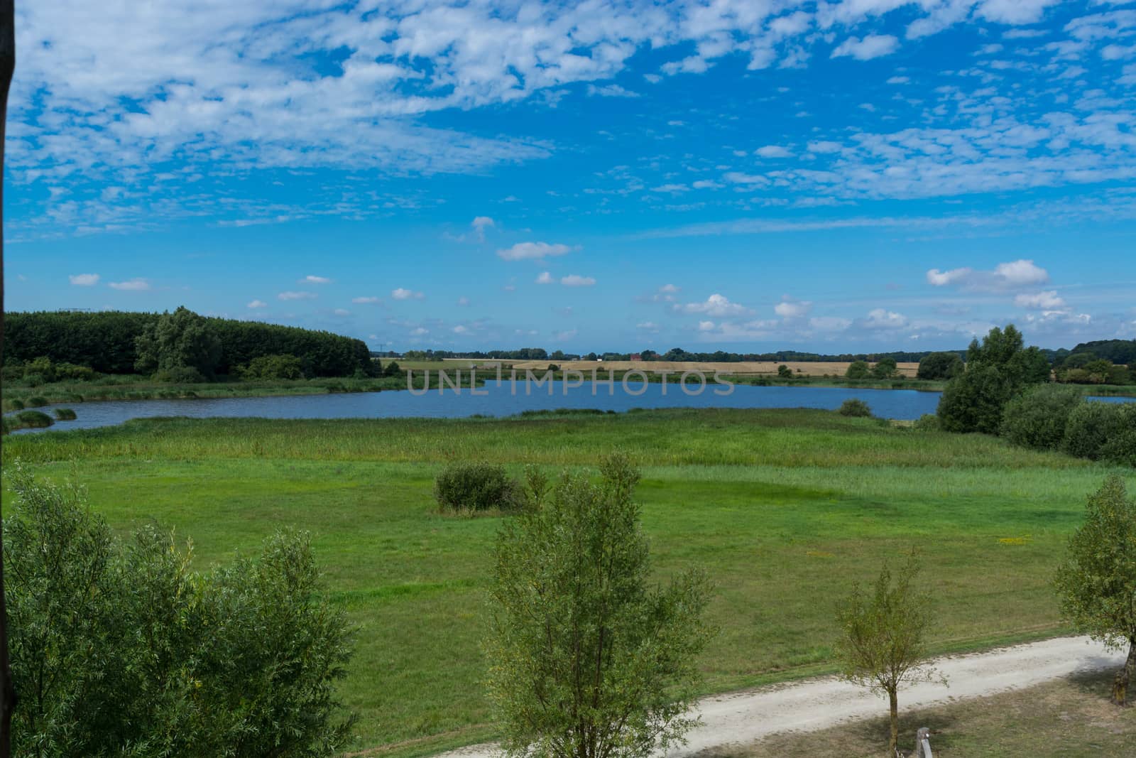 Panoramic view of the swimming, fishing and nature area Eixen lake. Shot from the lookout tower