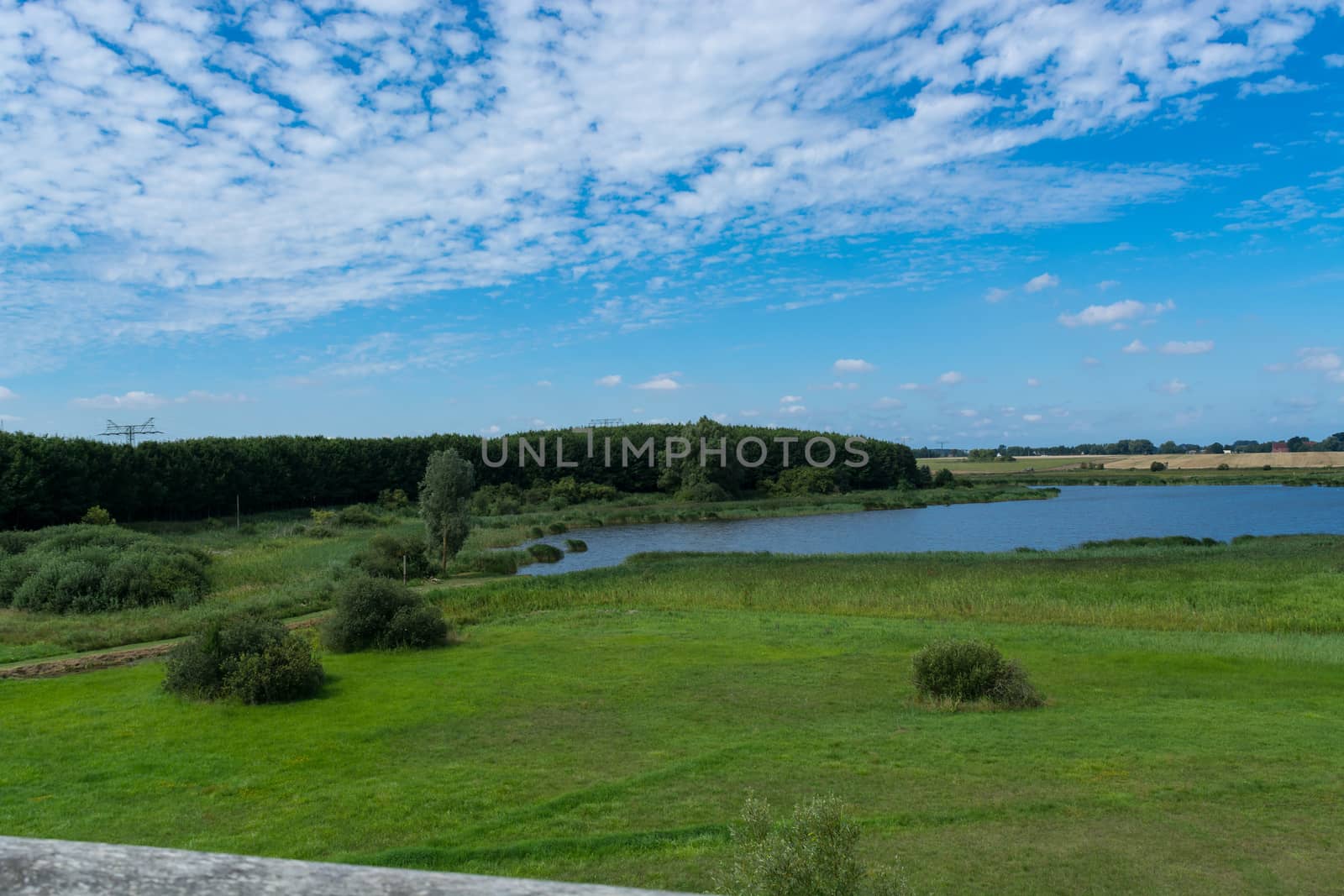 Panoramic view of the swimming, fishing and nature area Eixen lake. Shot from the lookout tower