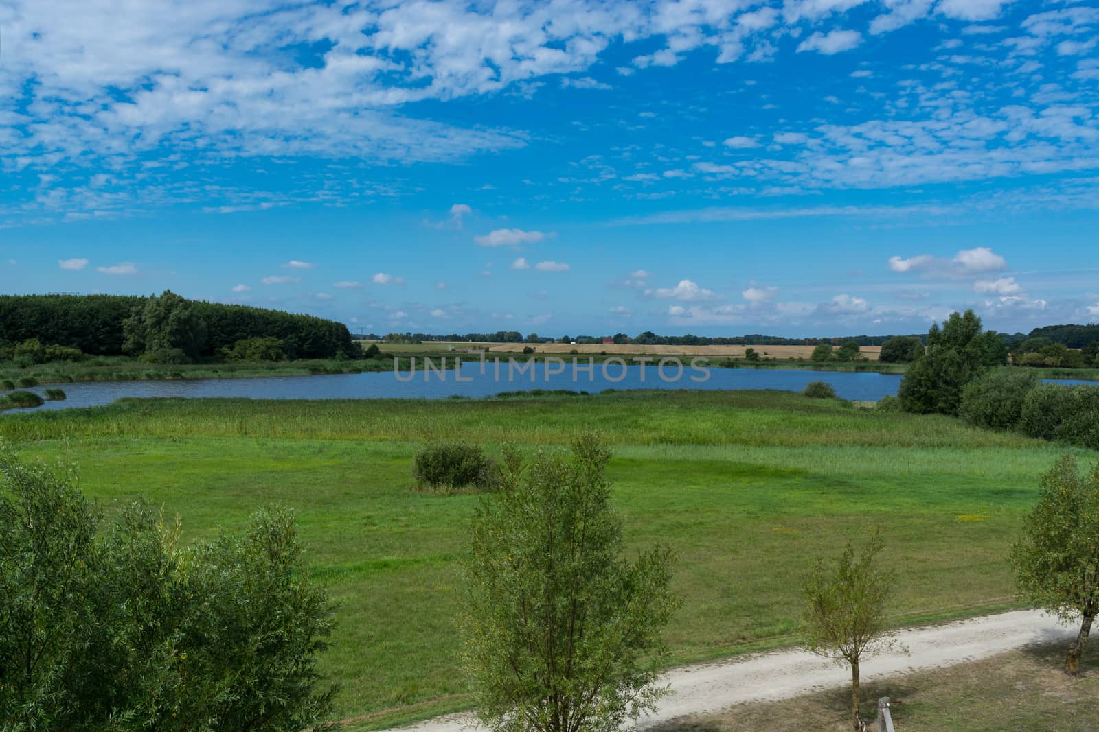 Panoramic view of the swimming, fishing and nature area Eixen lake. Shot from the lookout tower