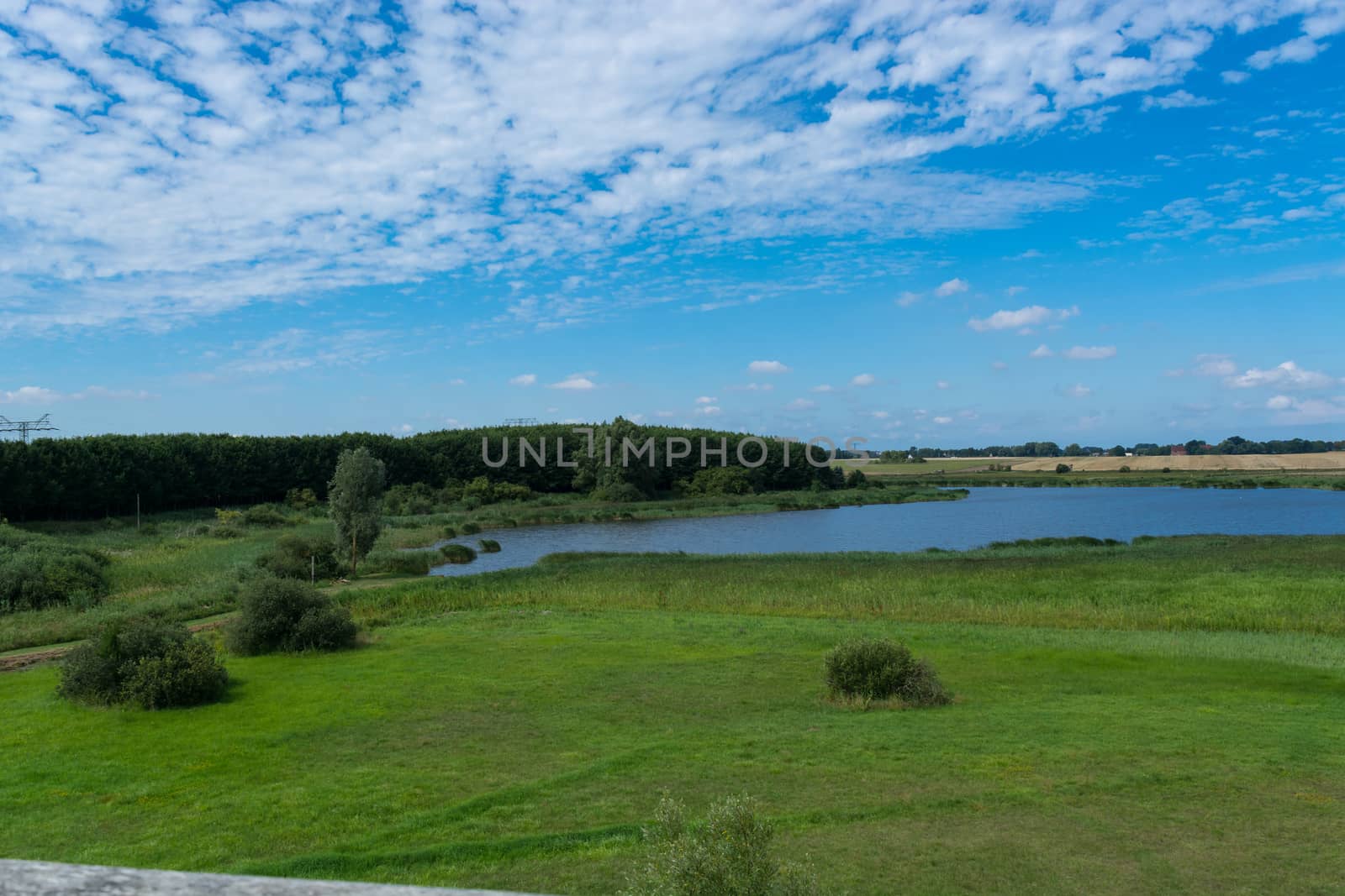 Panoramic view of the swimming, fishing and nature area Eixen lake. Shot from the lookout tower