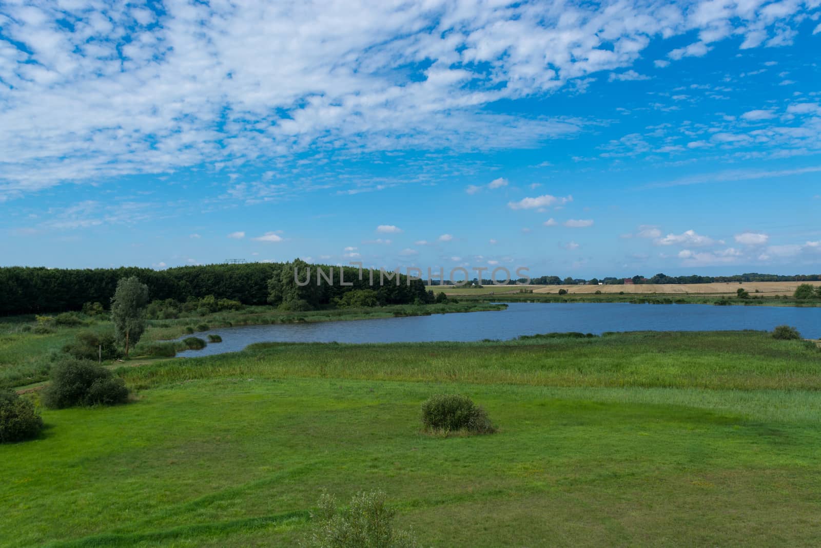 Panoramic view of the swimming, fishing and nature area Eixen lake. Shot from the lookout tower