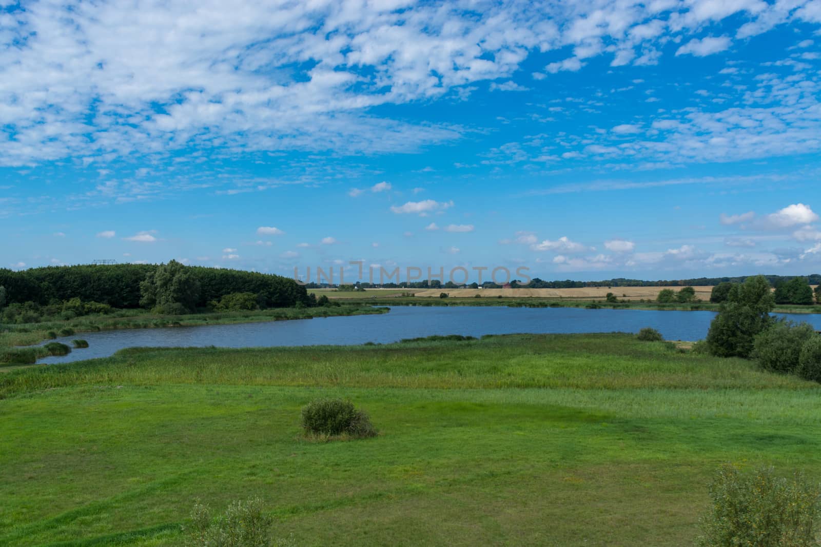 Panoramic view of the swimming, fishing and nature area Eixen lake. Shot from the lookout tower